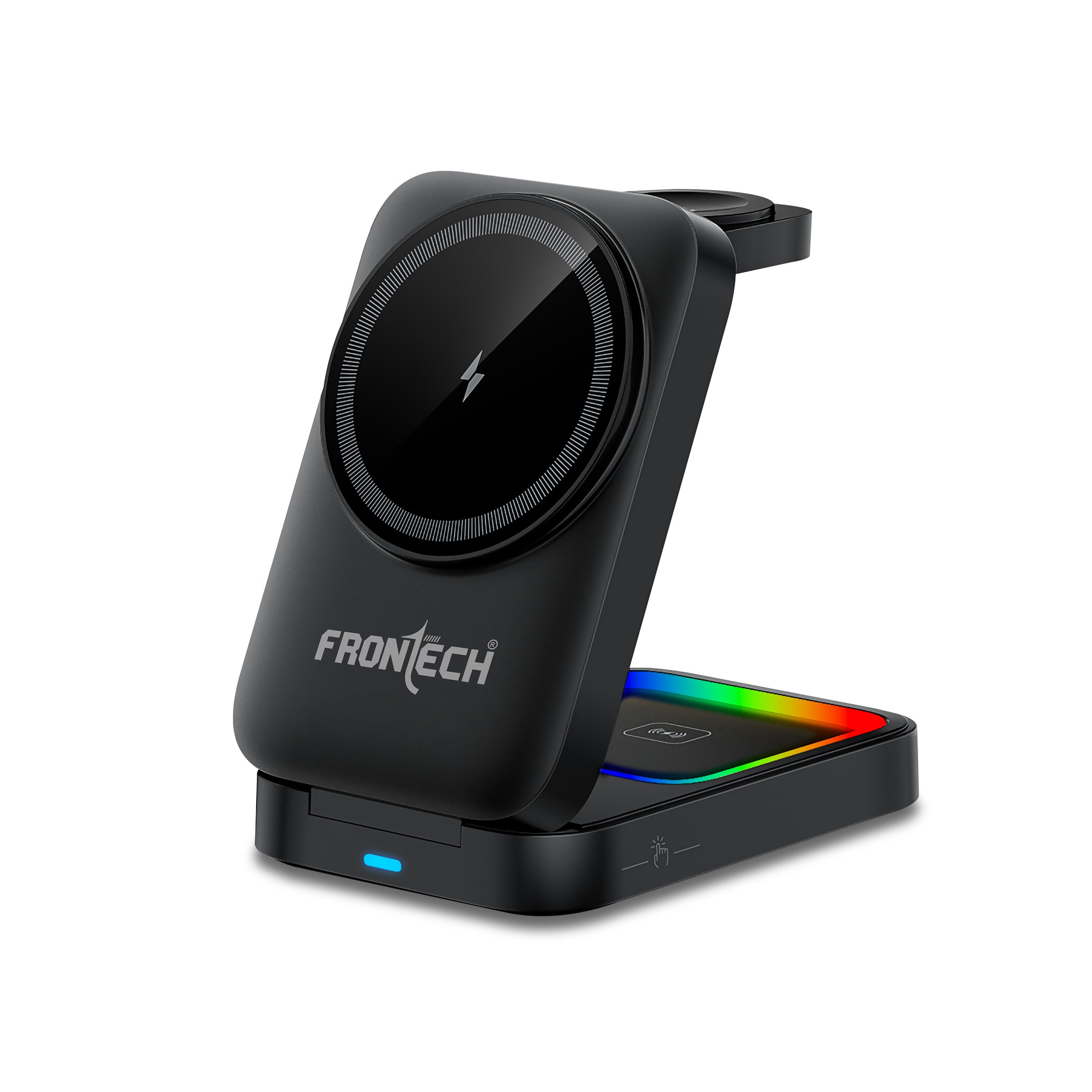 Frontech 3-in-1 Magnetic Wireless Charger with Night Light, Fast Charging, Type-C Input, for iPhone, AirPods & Apple Watch – ABS + Silicone Build, Foldable Stand Design (CCH-0017B)
