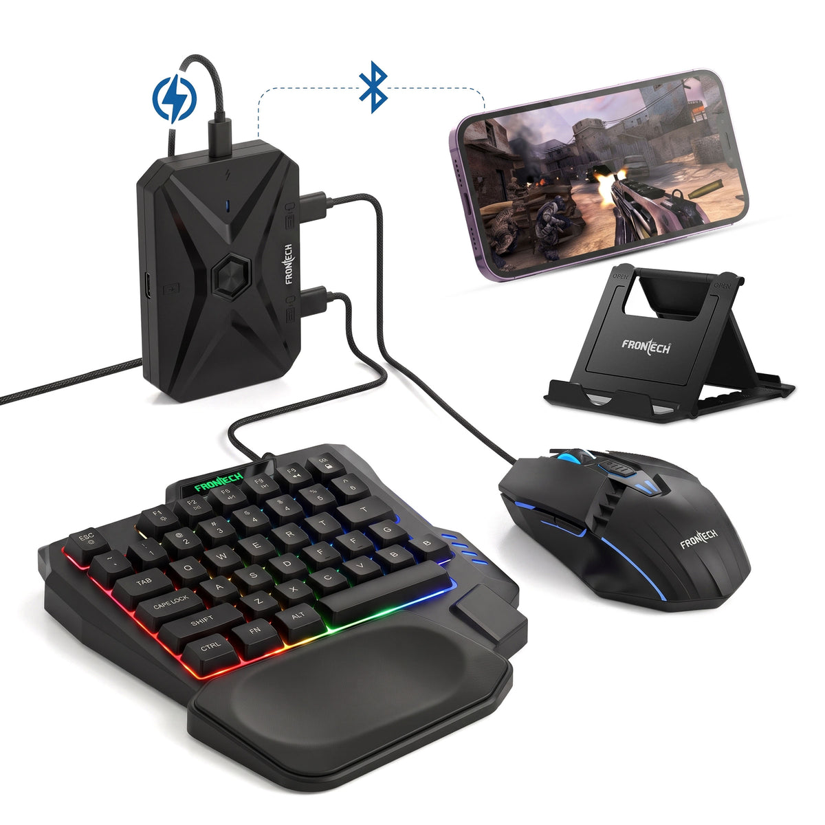 Frontech 4-in-1 Gaming Combo | RGB 35-Key Keyboard + 3200 DPI Mouse + BT 5.4 Converter + Foldable Mobile Holder | Anti-Ghosting | Wired Setup for Android Gaming (KB-0008PC)