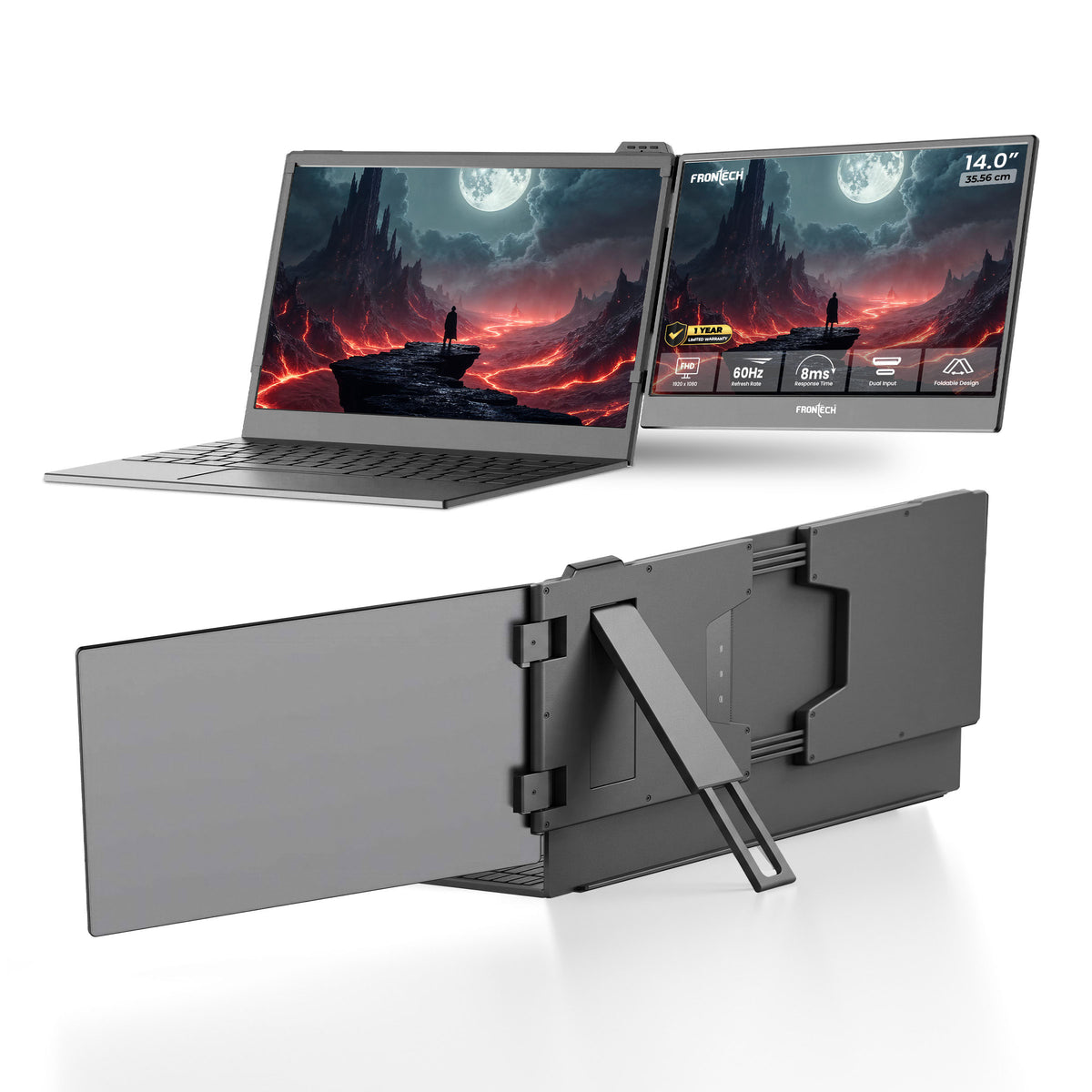 Frontech 14 Inch Portable LED Monitor Laptop Screen Extender, Full HD 1920x1080 IPS Display, 60Hz, USB Type-C & Mini HD, Built-in Speakers, Foldable Design, 1 Year Warranty (MON-0024)