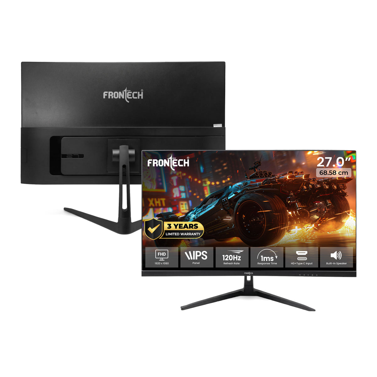 FRONTECH 27 Inch FHD Gaming Monitor, 1920 x 1080 IPS Panel, 120Hz Refresh Rate, 1ms Response Time, 99% sRGB, HDMI, USB Type-C 65W Charging, Built-in Speakers, FreeSync, 3 Years Warranty (MON-0052PD)