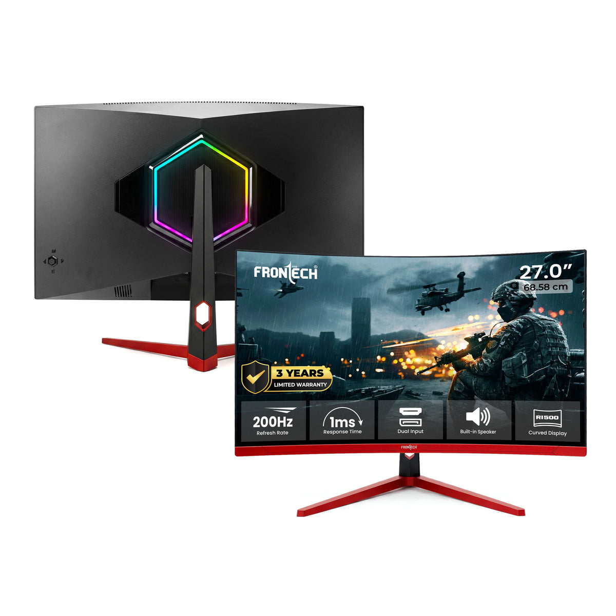 Frontech 27 inch Curved Gaming Monitor | 200Hz | 1920x1080 | RGB | Wall Mountable | HDMI & DP | 1ms Response Time | Built-in Speakers | 3 Years Warranty
