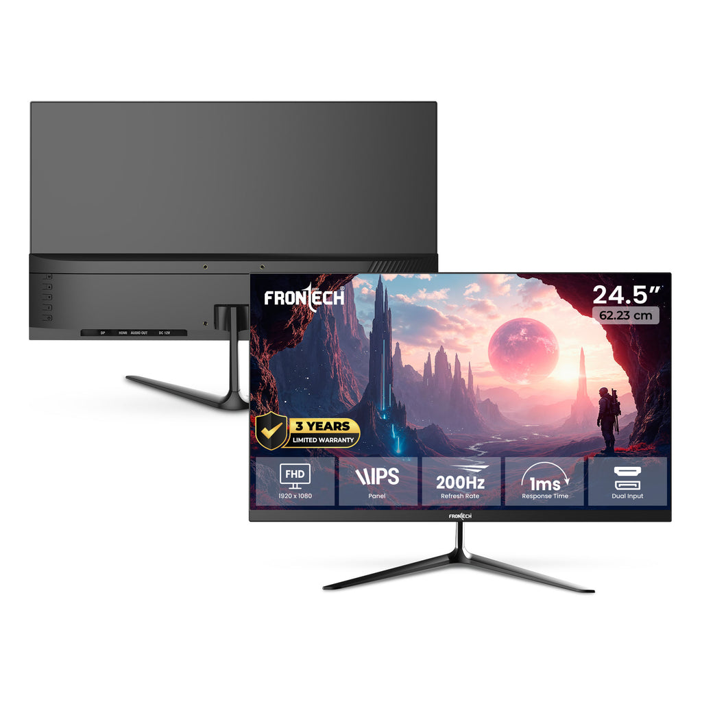 Frontech Gaming Series MON-0087P, 24.5 Inch IPS Full HD Gaming Monitor, 200Hz, 1ms Response Time, 99% sRGB, 1000:1 Contrast, HDMI & DisplayPort Dual Input, VESA Wall Mountable, 3 Years Warranty – Black