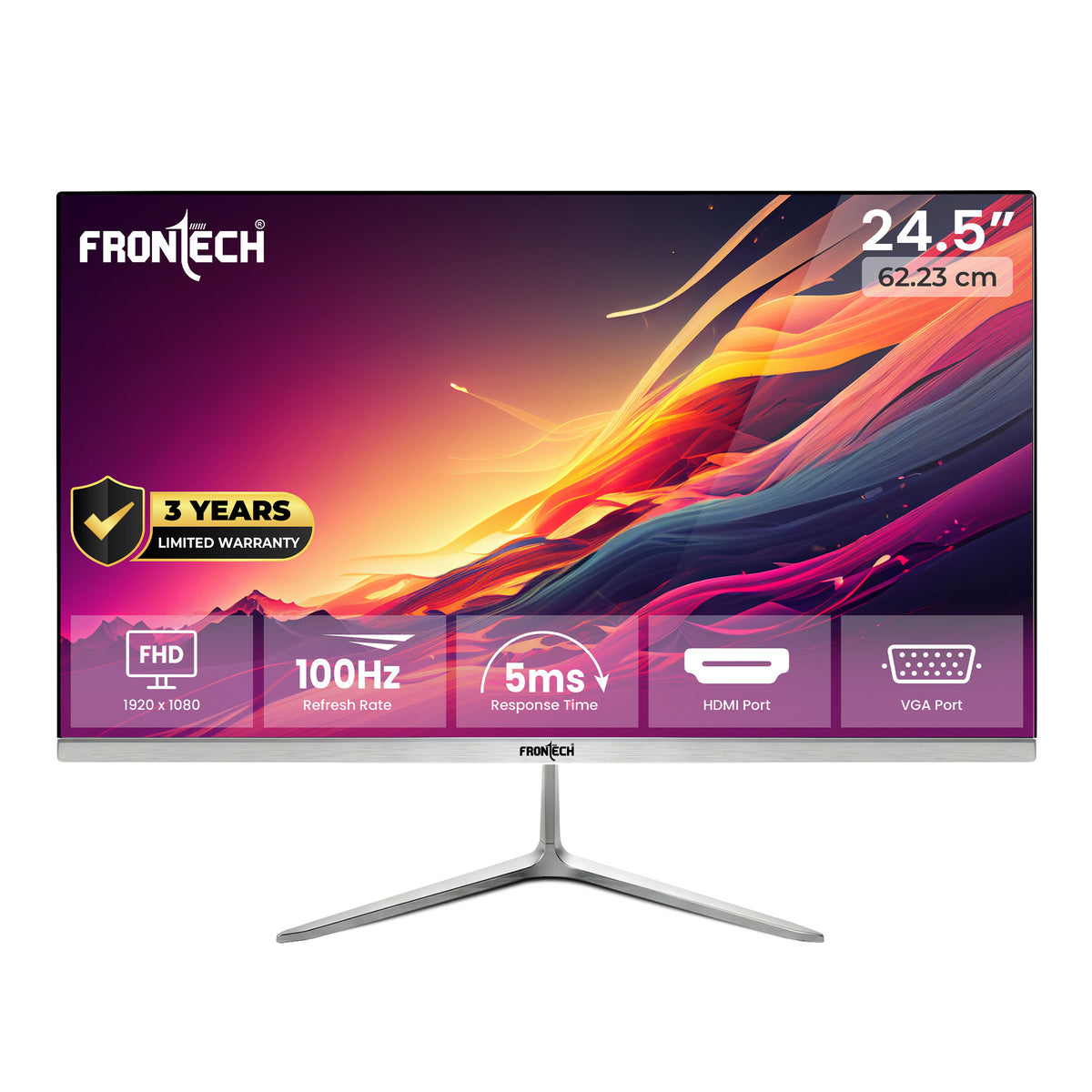 FRONTECH Ultima Series 24.5 Inch Full HD LED Monitor, 1920x1080, 100Hz, 5ms, VA Panel, HDMI + VGA, Flicker-Free, Low Blue Light, FreeSync, 3 Year Limited Warranty (MON-0087V)