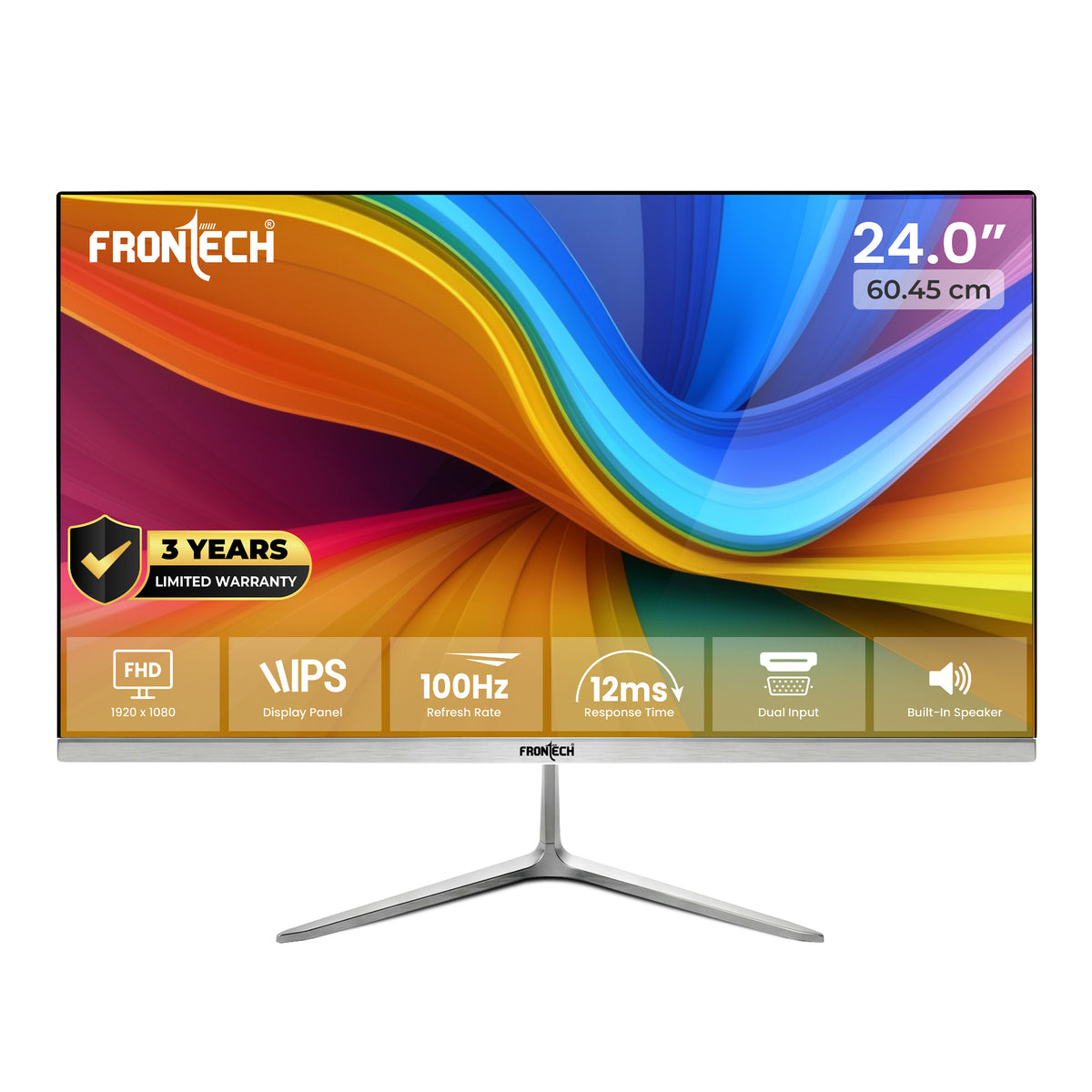 Frontech 24 inch LED Monitor | 100Hz | 1920x1080 | Wall Mountable | Frameless | HDMI & VGA | 12ms Response Time | Built-in Speakers | IPS Panel | Ultima Series | 3 Years Warranty