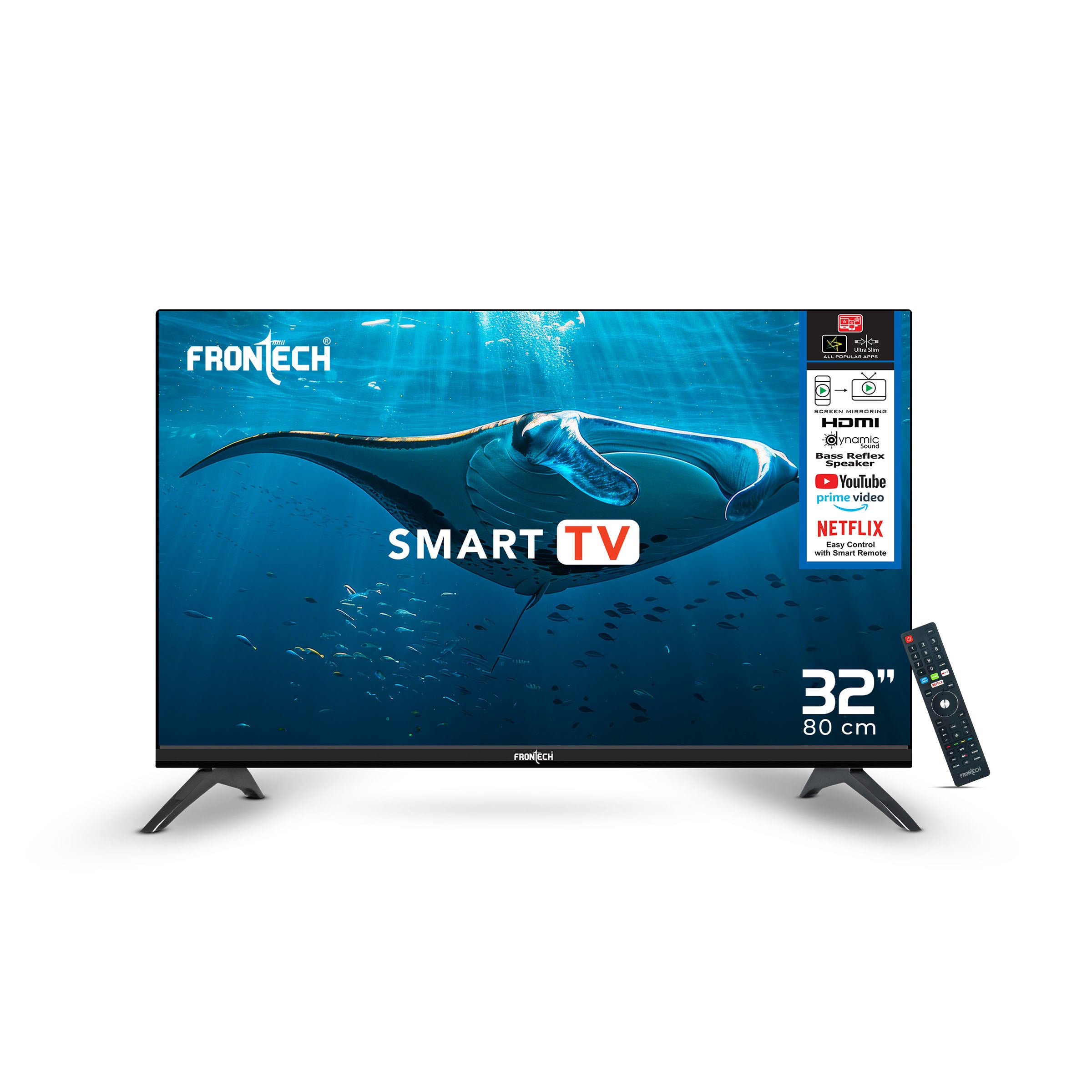 Frontech 32-inch Smart TV: HD, Dynamic Sound, WiFi, Ultra Slim, 512GB/4GB Memory, IR Remote, and Major OTT Access. (No Installation)