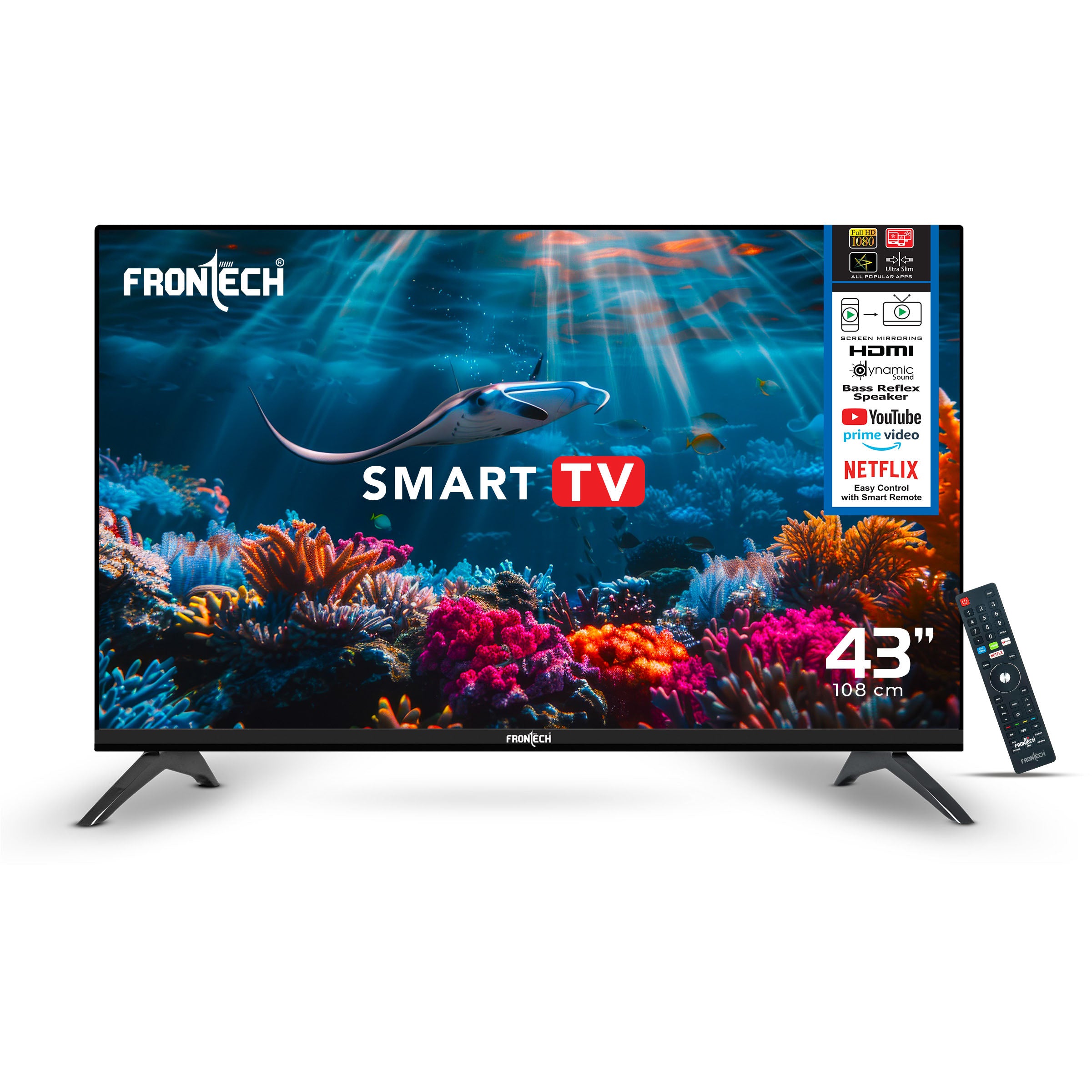 Frontech 43-inch Smart TV: Full HD, Dynamic Sound, Cloud OS, and OTT Apps – (No Installation)