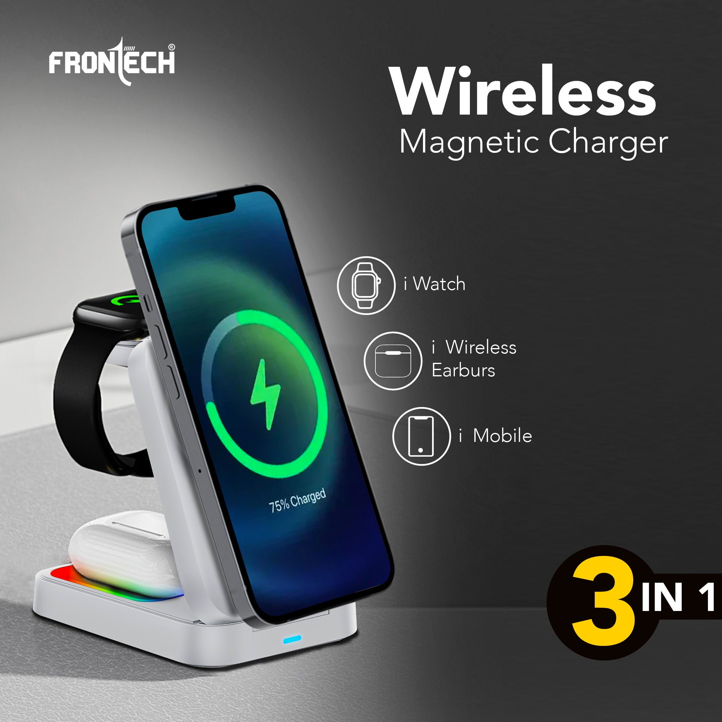 Frontech Magnetic Mobile Holder 3-in-1 – Adjustable Angle, RGB Light Effect, ABS & Silicone, Foldable Design, Black (CCH-0017W)