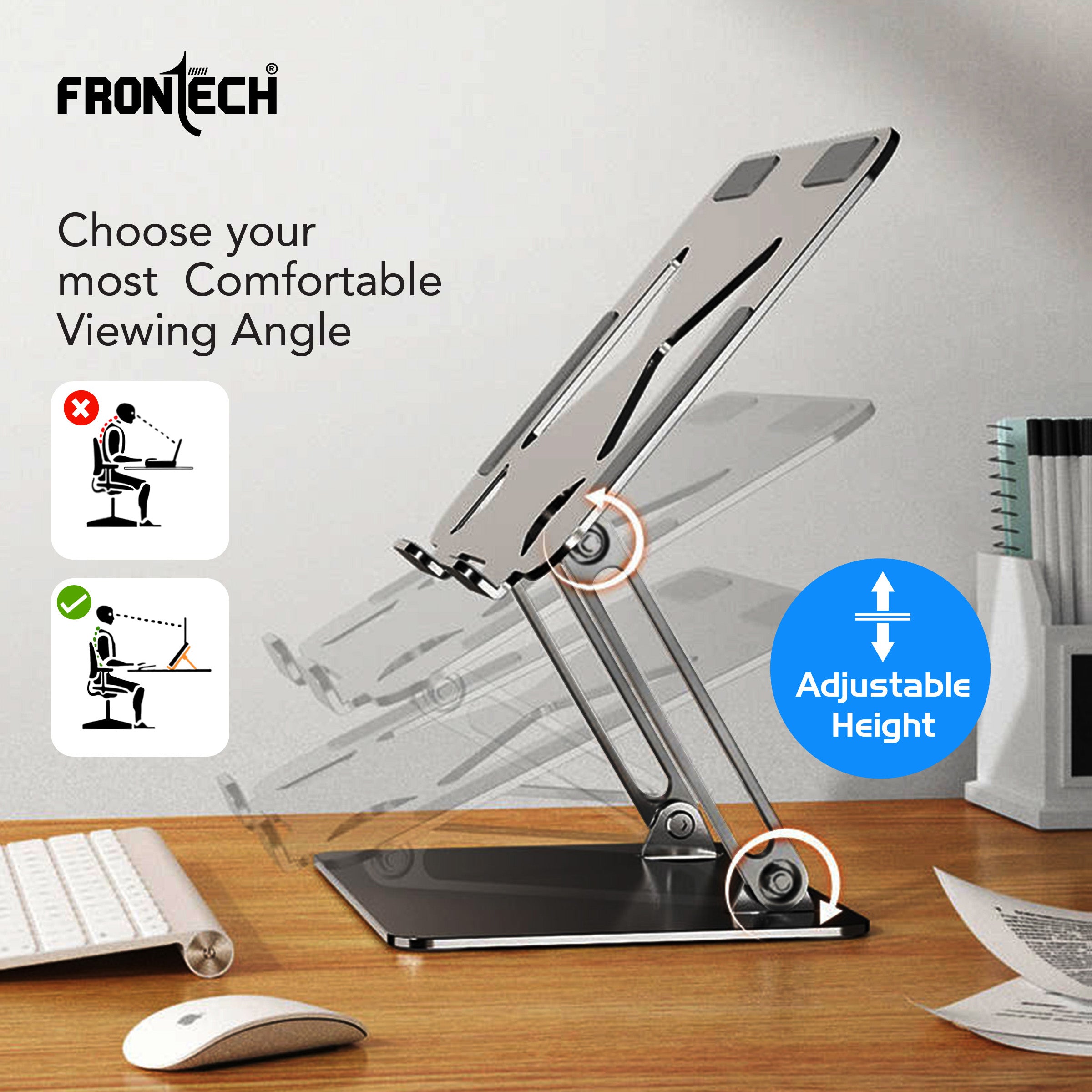 Frontech Laptop Stand – Carbon Steel, Stepless 4°–45° Height Adjustment, Anti-Slip Silicone, Foldable & Portable, Fits Laptops Up to 17