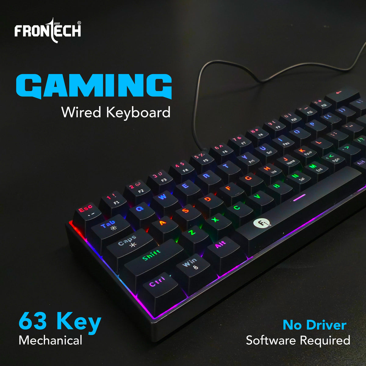 Frontech 63-Key Mechanical Gaming Wired Keyboard | Rainbow Backlit | 26 Anti-Ghosting Keys | Detachable Type-C Cable | Compatible with Windows/Mac/iOS/Android (KB-0010P)