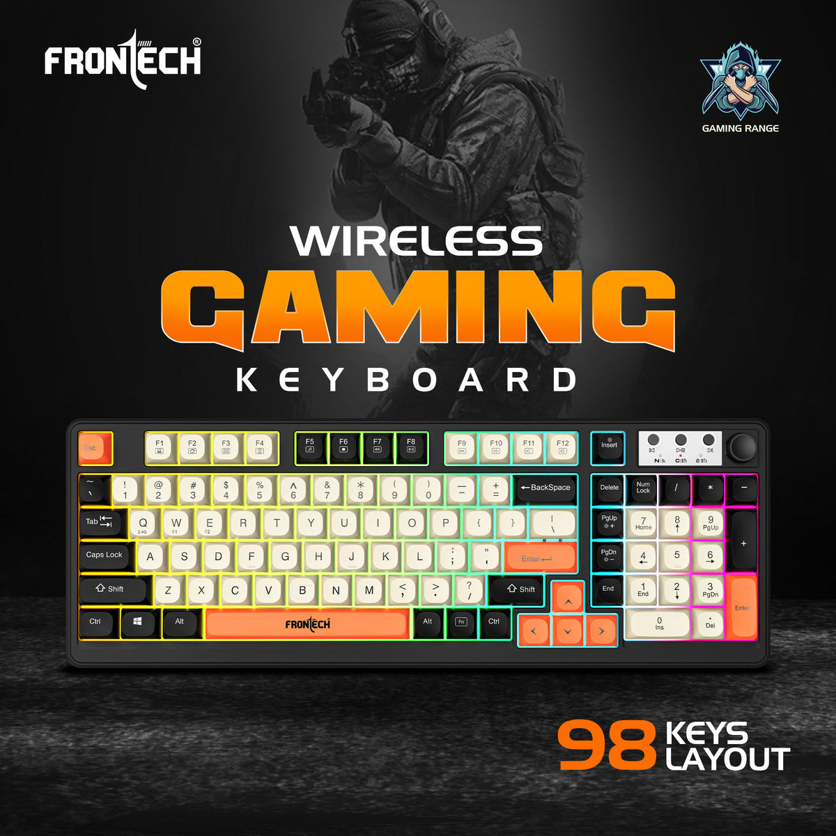 Frontech KB-0026P Wireless Gaming Keyboard | 98 Keys Layout | 19 Anti-Ghosting Keys | Dual Wireless 2.4GHz & Bluetooth 5.1 | Rainbow Backlight | 2000mAh Battery | Audio Control Knob | Type-C Charging | 1 Year Warranty