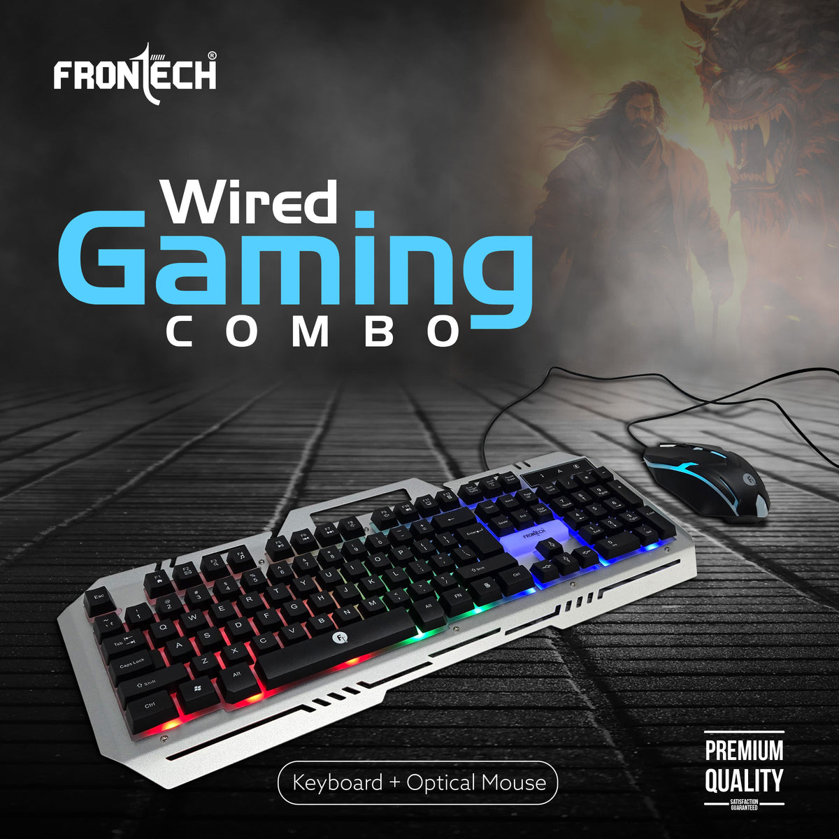 Frontech Cyber Ninja Wired Gaming Keyboard and Mouse Combo | Metal Base Keyboard with RGB Backlit Key | RGB Optical Mouse with 6 Buttons & 2400 DPI | USB Plug & Play | 1 Year Warranty (KB-0039P)