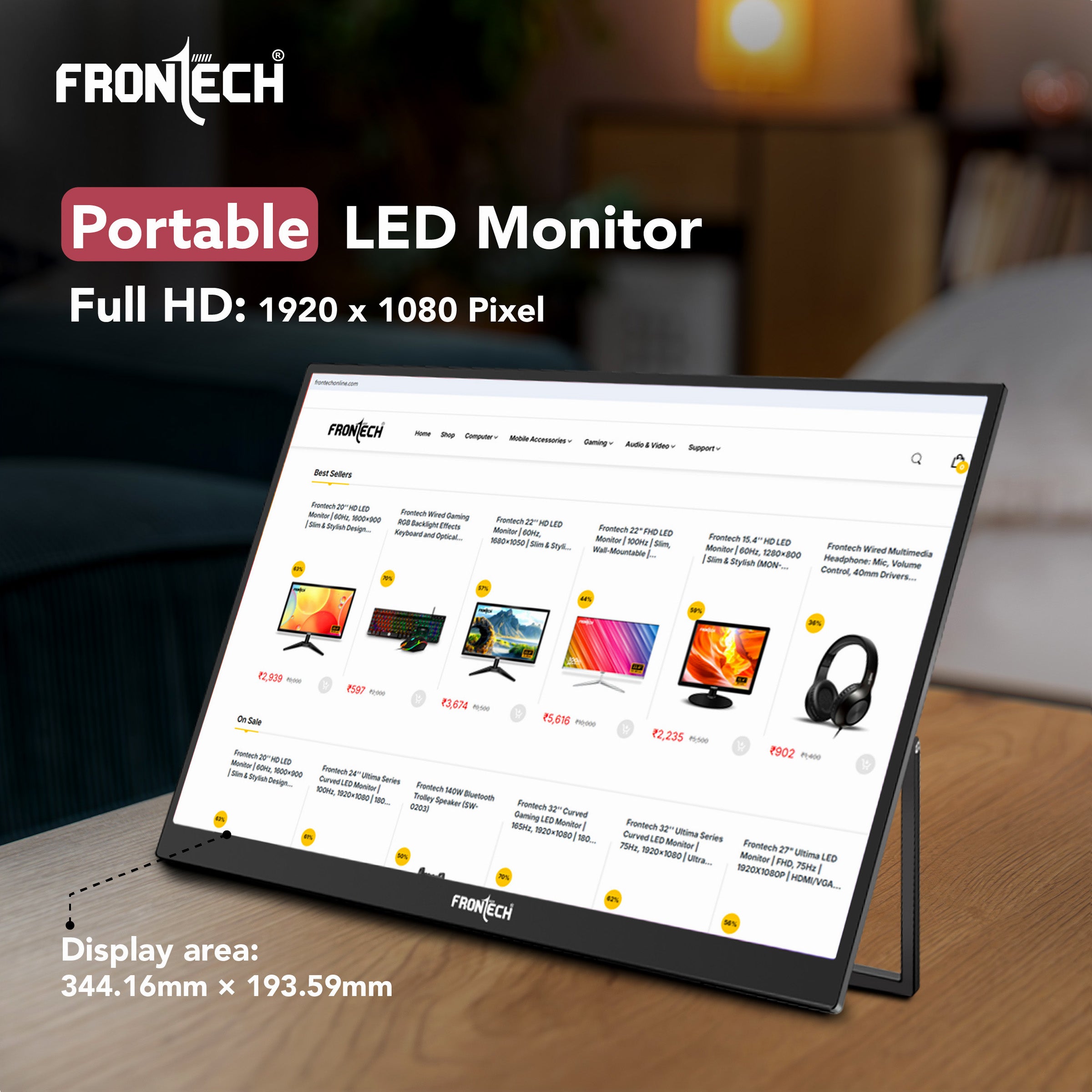 Frontech 15.6 inch Portable LED Monitor|60Hz|1920x1080|Mini HDMI, Type C & Headphone Jack| Built-in Speaker |IPS Panel | 1 Year Warranty