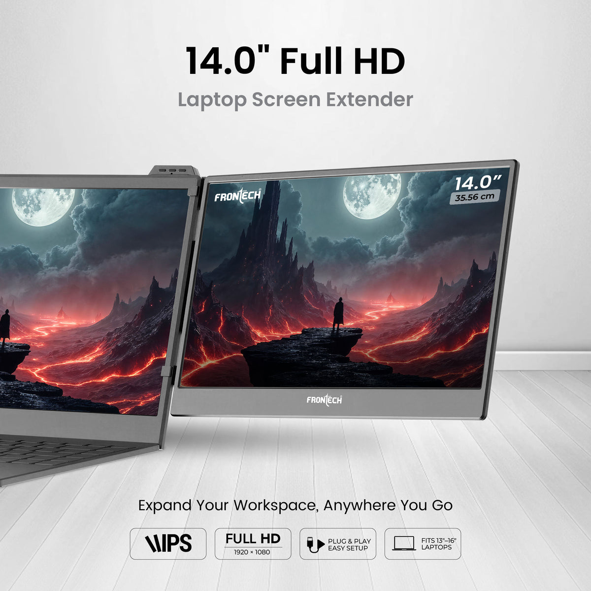 Frontech 14 Inch Portable LED Monitor Laptop Screen Extender, Full HD 1920x1080 IPS Display, 60Hz, USB Type-C & Mini HD, Built-in Speakers, Foldable Design, 1 Year Warranty (MON-0024)