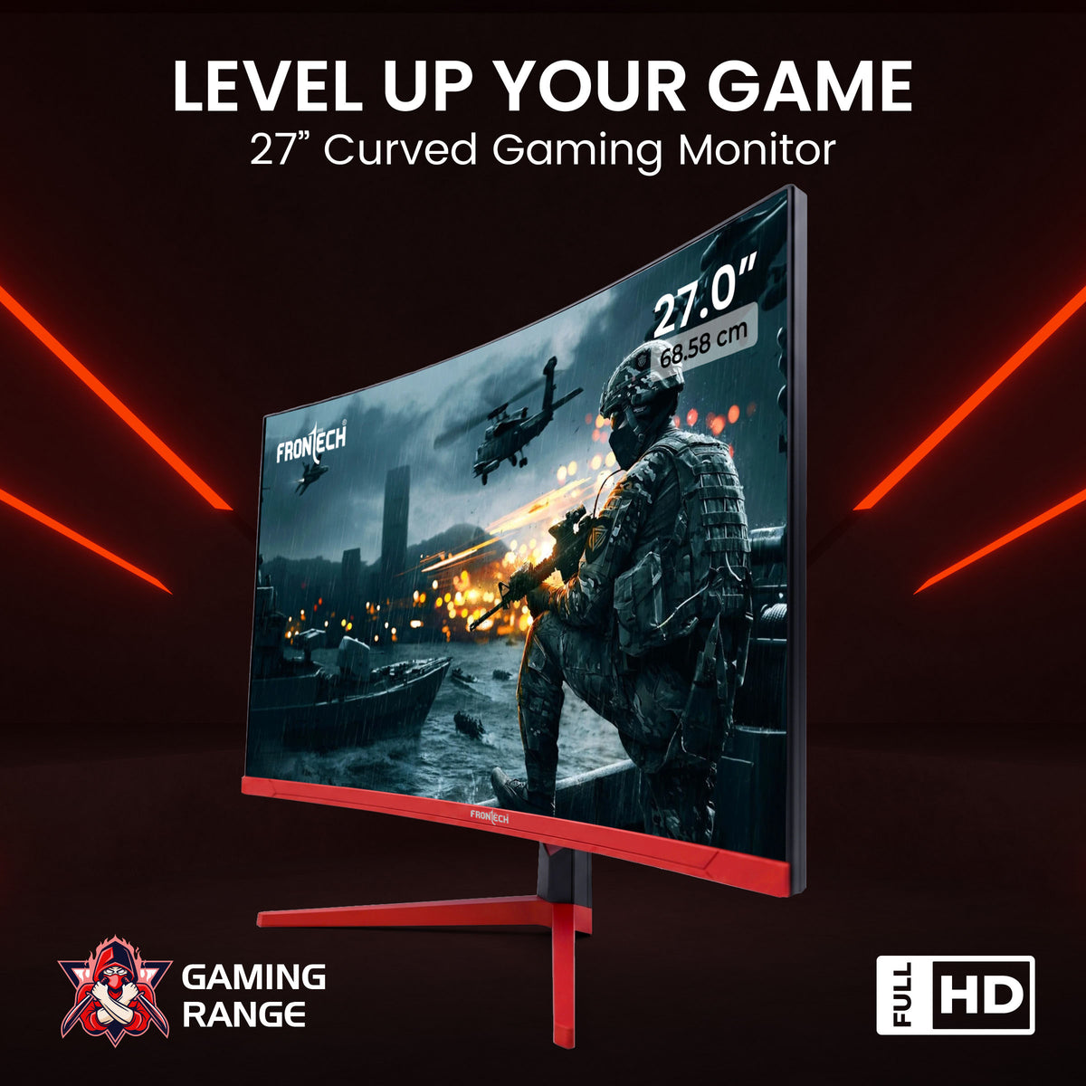Frontech 27 inch Curved Gaming Monitor | 200Hz | 1920x1080 | RGB | Wall Mountable | HDMI & DP | 1ms Response Time | Built-in Speakers | 3 Years Warranty