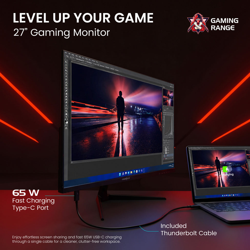 FRONTECH 27 Inch FHD Gaming Monitor, 1920 x 1080 IPS Panel, 120Hz Refresh Rate, 1ms Response Time, 99% sRGB, HDMI, USB Type-C 65W Charging, Built-in Speakers, FreeSync, 3 Years Warranty (MON-0052PD)
