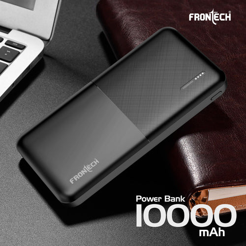Frontech 10000mAh 12W Power Bank | Dual USB Output & Dual Input Type-C & Micro USB – Black (PB-0042)