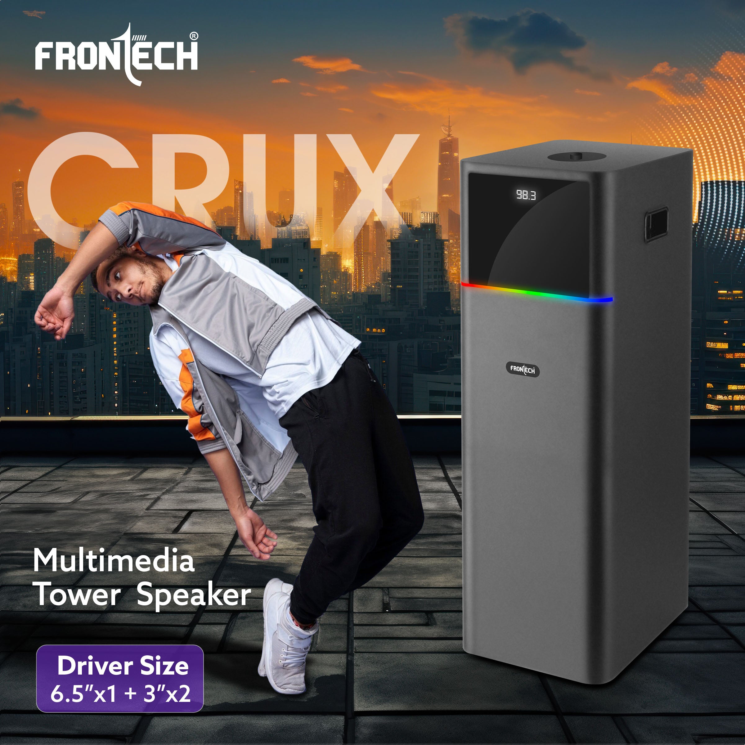 Frontech CRUX-168 Multimedia Tower Speaker | 90W Output | In-Built FM | USB/BT/AUX/MIC Support (SW-0168)