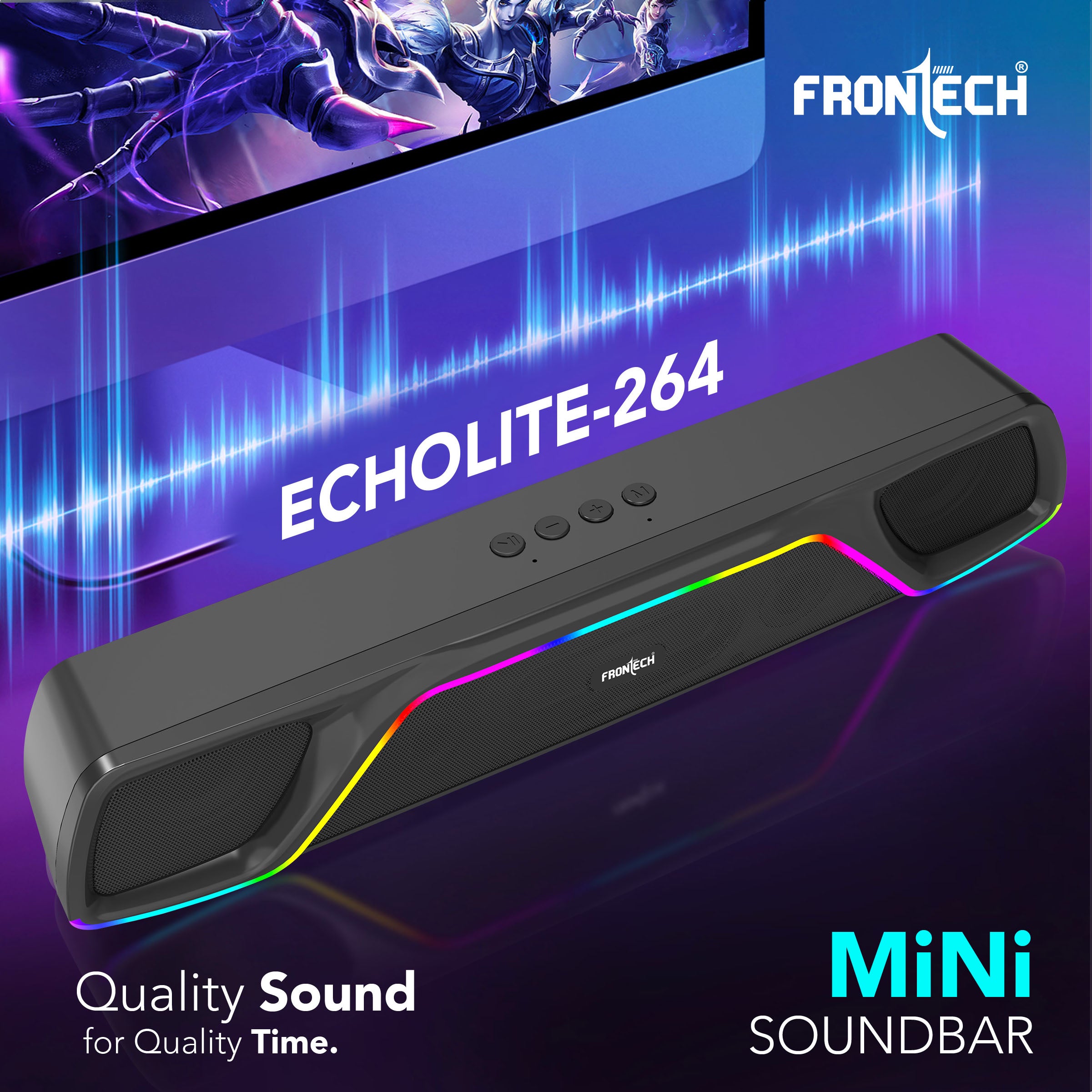 Frontech ECHOLITE-264 Mini Soundbar | 25W Bluetooth Speaker | RGB Lighting | TWS | 2000mAh Battery | BT v5.3 | USB/TF/AUX | Type-C | Compact Speaker | 1-Year Warranty (SW-0264)