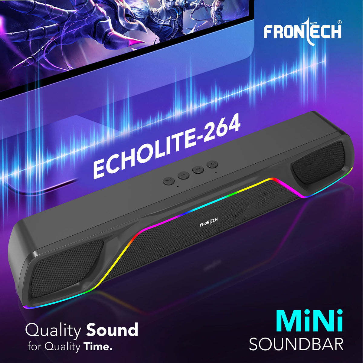 Frontech ECHOLITE-264 Mini Soundbar | 25W Bluetooth Speaker | RGB Lighting | TWS | 2000mAh Battery | BT v5.3 | USB/TF/AUX | Type-C | Compact Speaker | 1-Year Warranty (SW-0264)