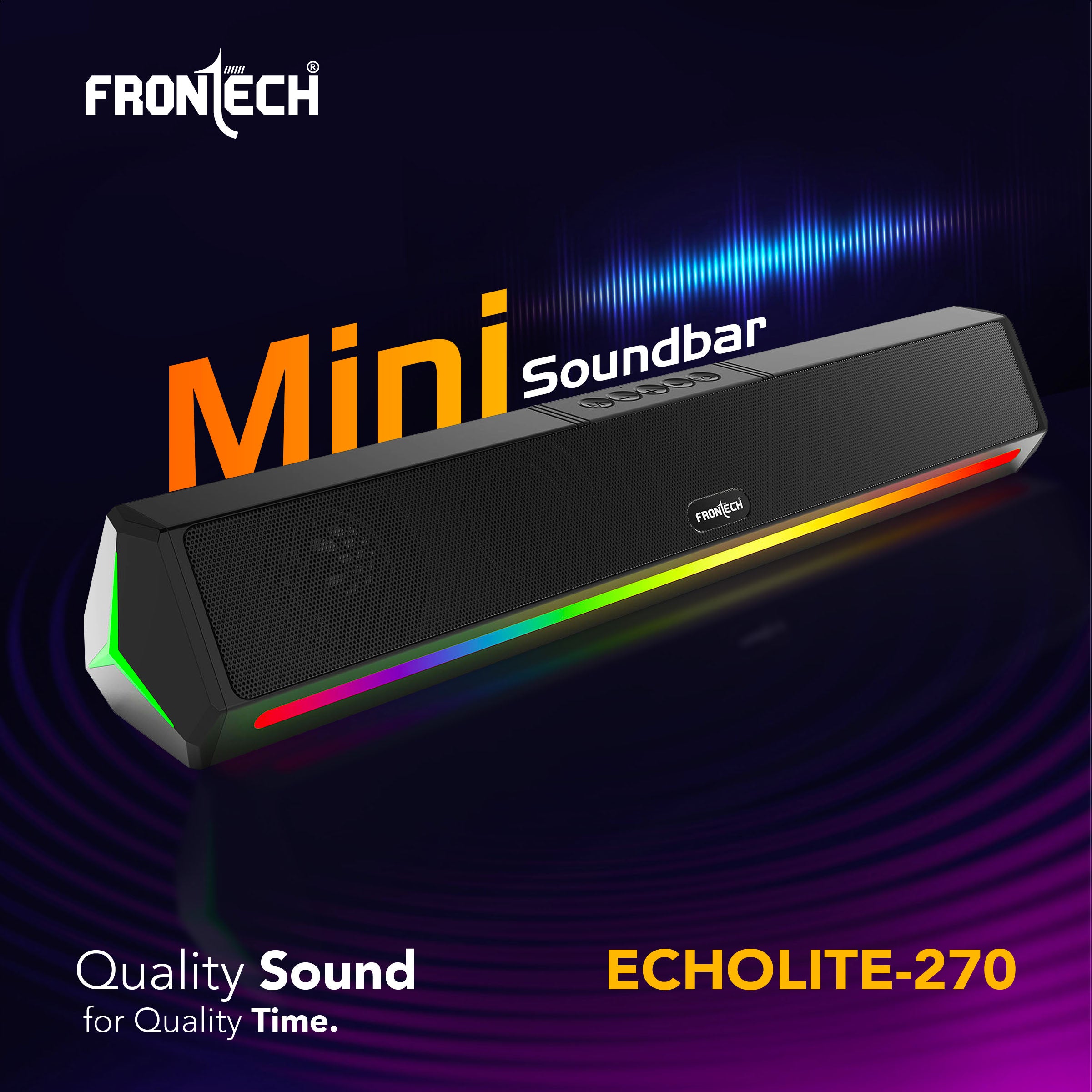 Frontech ECHOLITE-270 Mini Soundbar | 30W Powerful Stereo | RGB Lighting | BT v5.3 | TWS | 2000mAh Battery | 1-Year Warranty (SW-0270)