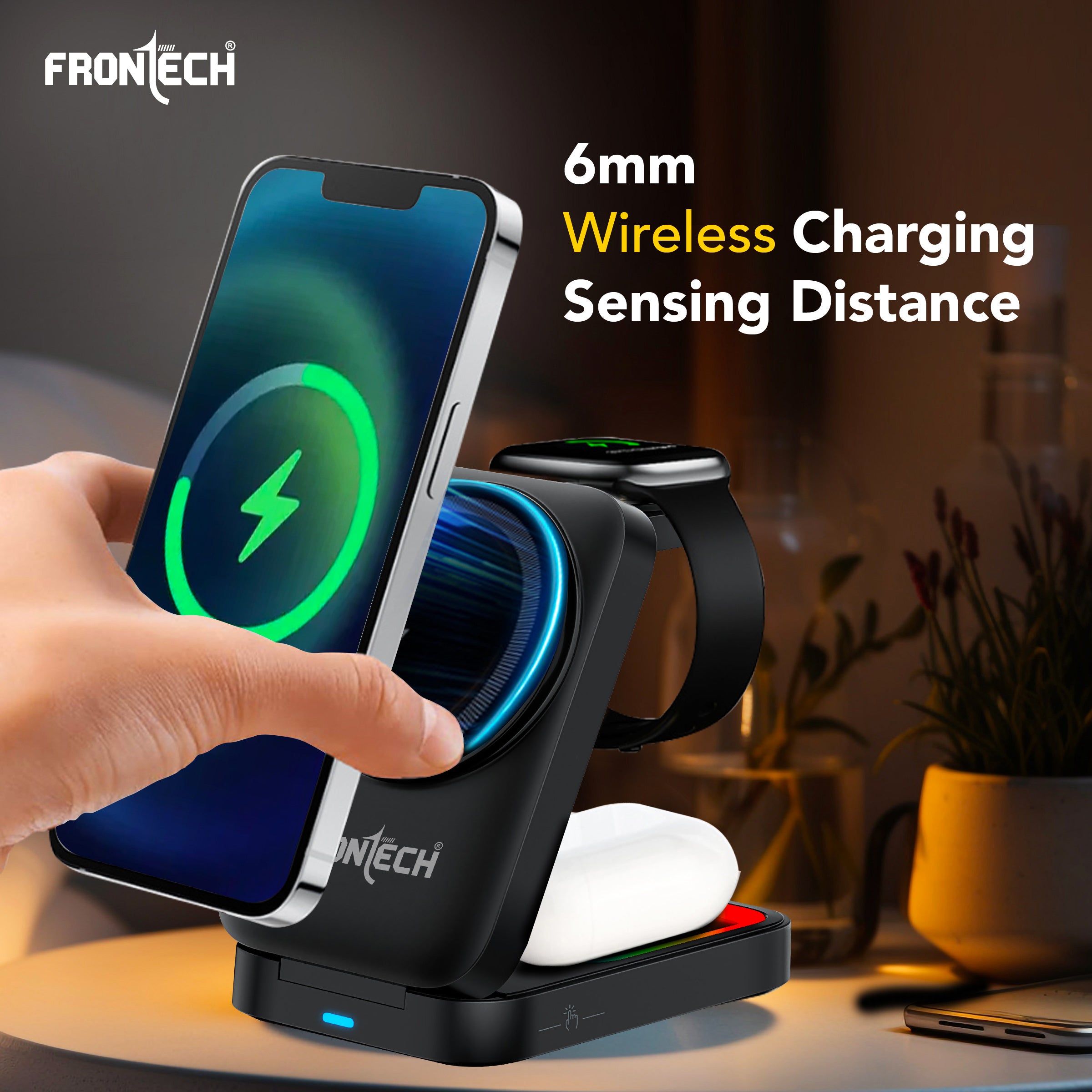 Frontech 3-in-1 Magnetic Wireless Charger with Night Light, Fast Charging, Type-C Input, for iPhone, AirPods & Apple Watch – ABS + Silicone Build, Foldable Stand Design (CCH-0017B)
