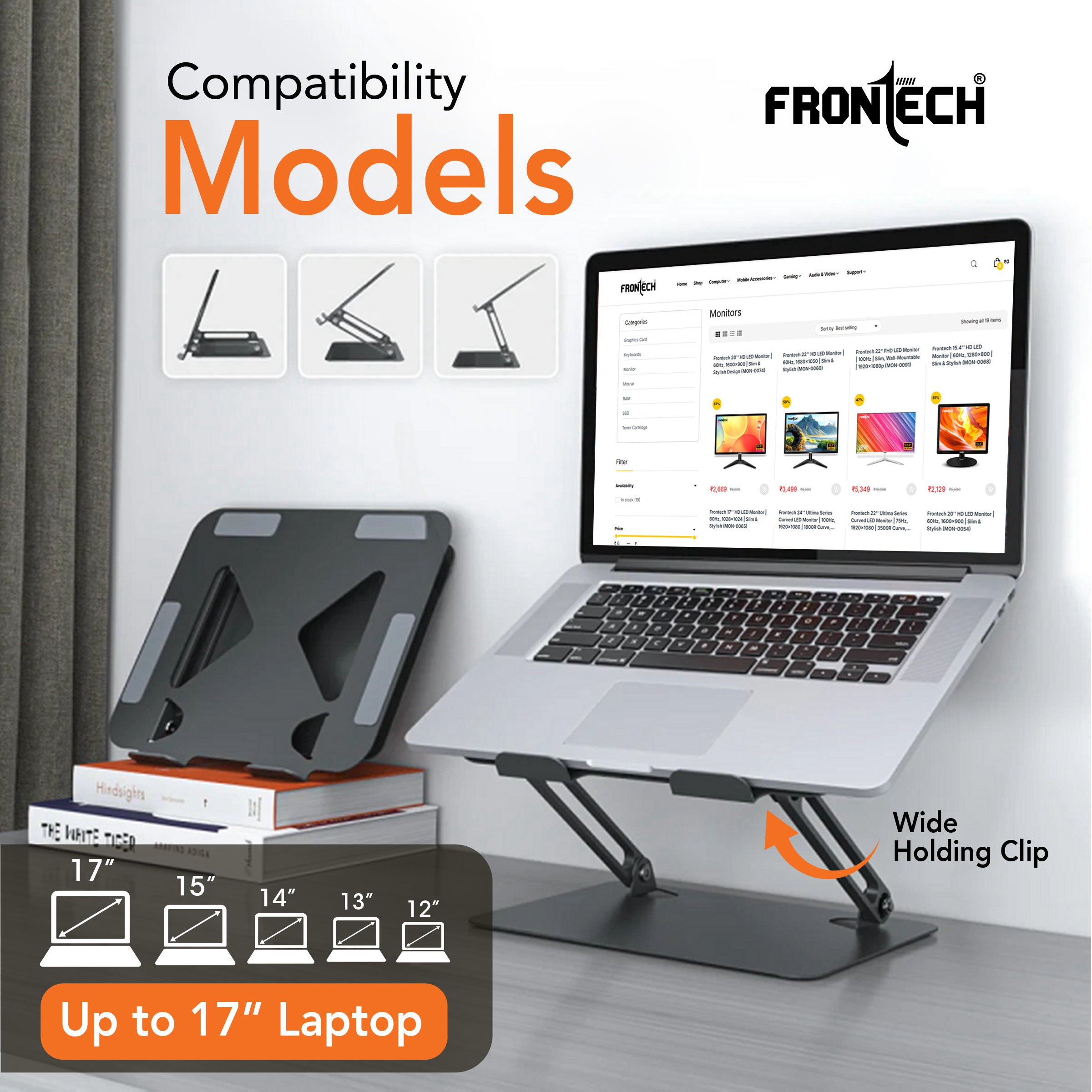 Frontech Laptop Stand – Carbon Steel, Stepless 4°–45° Height Adjustment, Anti-Slip Silicone, Foldable & Portable, Fits Laptops Up to 17