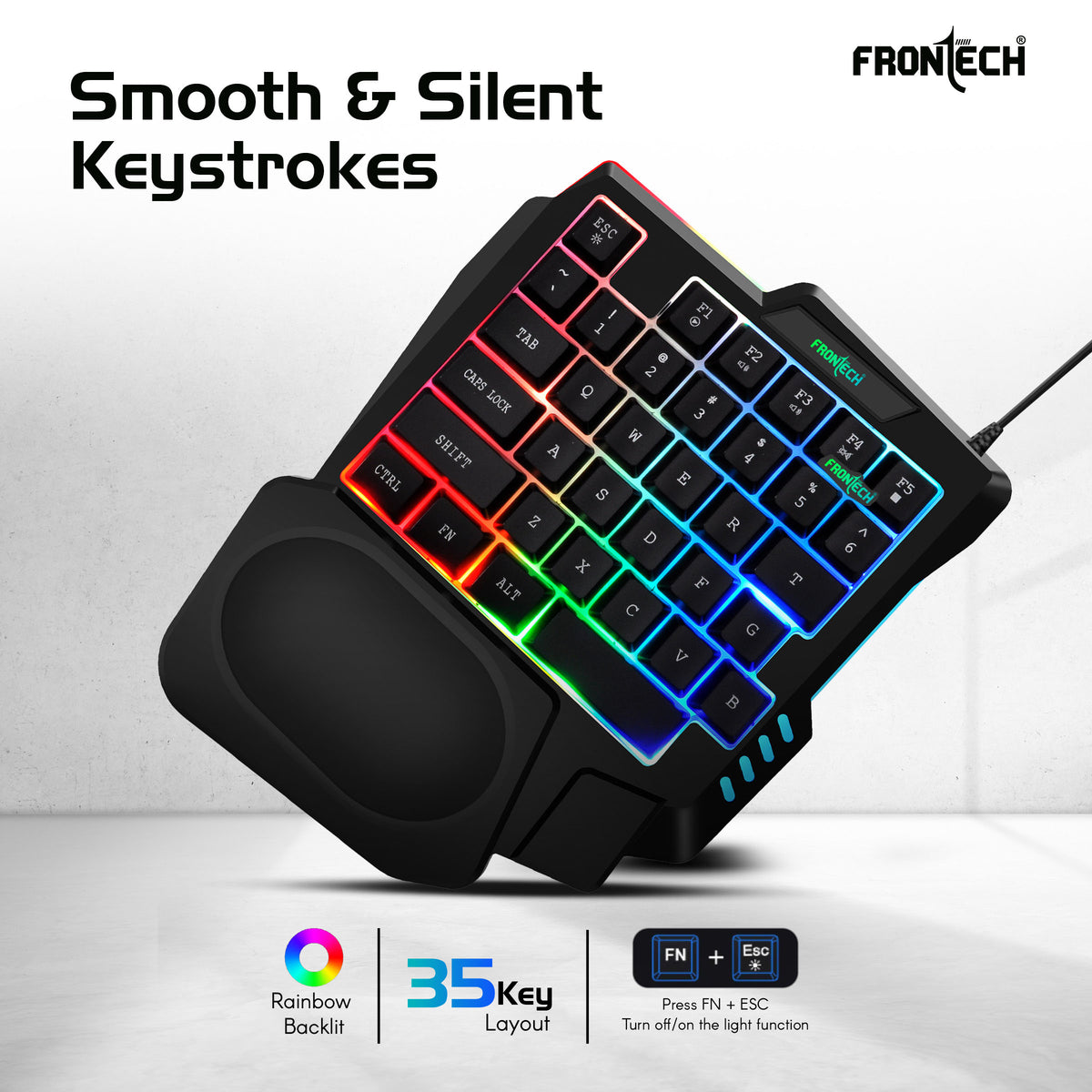Frontech 4-in-1 Gaming Combo | RGB 35-Key Keyboard + 3200 DPI Mouse + BT 5.4 Converter + Foldable Mobile Holder | Anti-Ghosting | Wired Setup for Android Gaming (KB-0008PC)