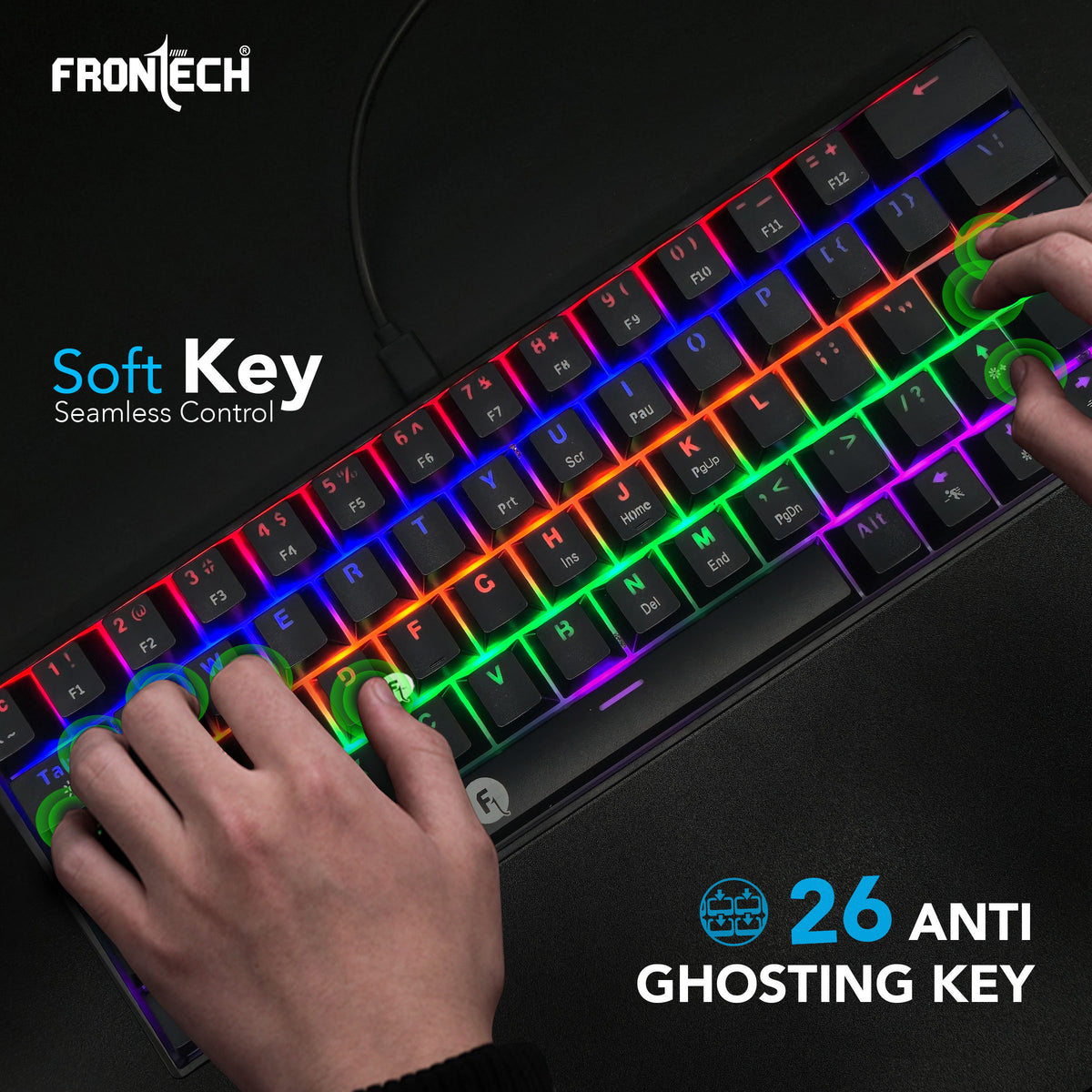 Frontech 63-Key Mechanical Gaming Wired Keyboard | Rainbow Backlit | 26 Anti-Ghosting Keys | Detachable Type-C Cable | Compatible with Windows/Mac/iOS/Android (KB-0010P)