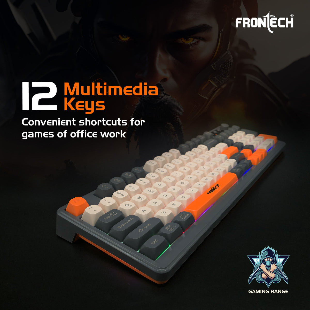 Frontech KB-0026P Wireless Gaming Keyboard | 98 Keys Layout | 19 Anti-Ghosting Keys | Dual Wireless 2.4GHz & Bluetooth 5.1 | Rainbow Backlight | 2000mAh Battery | Audio Control Knob | Type-C Charging | 1 Year Warranty