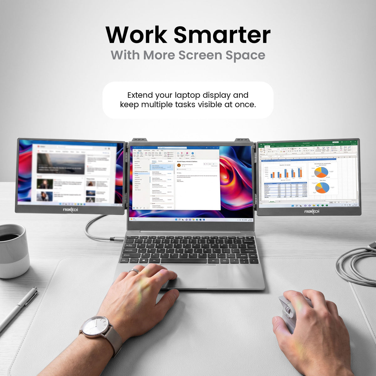 Frontech Dual Portable LED Monitor Laptop Screen Extender 14" Full HD IPS Display, Plug & Play, Foldable Design, Fits 13"-16" Laptops, USB Type-C, Matte Anti-Glare, 1-Year Warranty (MON-0025)