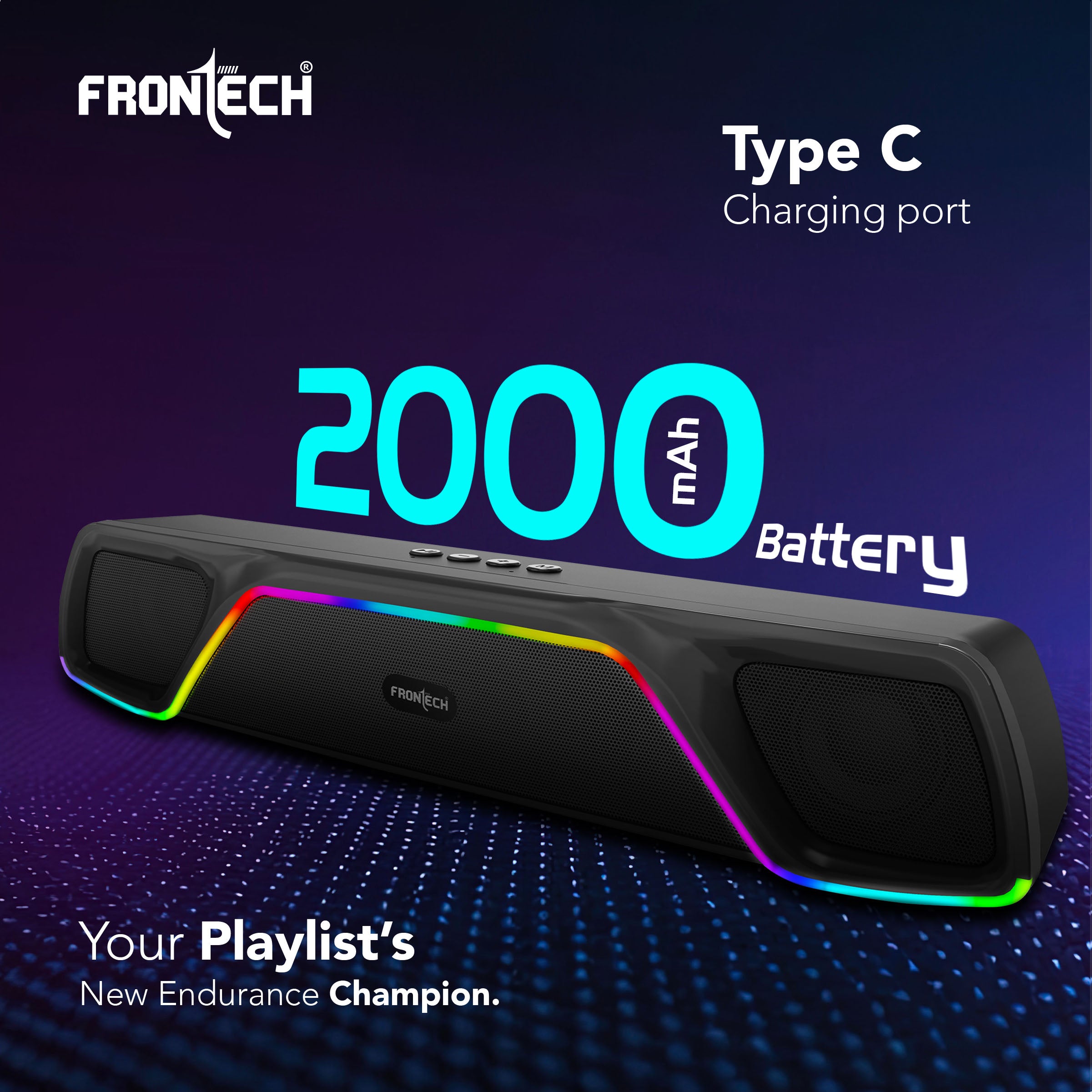 Frontech ECHOLITE-264 Mini Soundbar | 25W Bluetooth Speaker | RGB Lighting | TWS | 2000mAh Battery | BT v5.3 | USB/TF/AUX | Type-C | Compact Speaker | 1-Year Warranty (SW-0264)