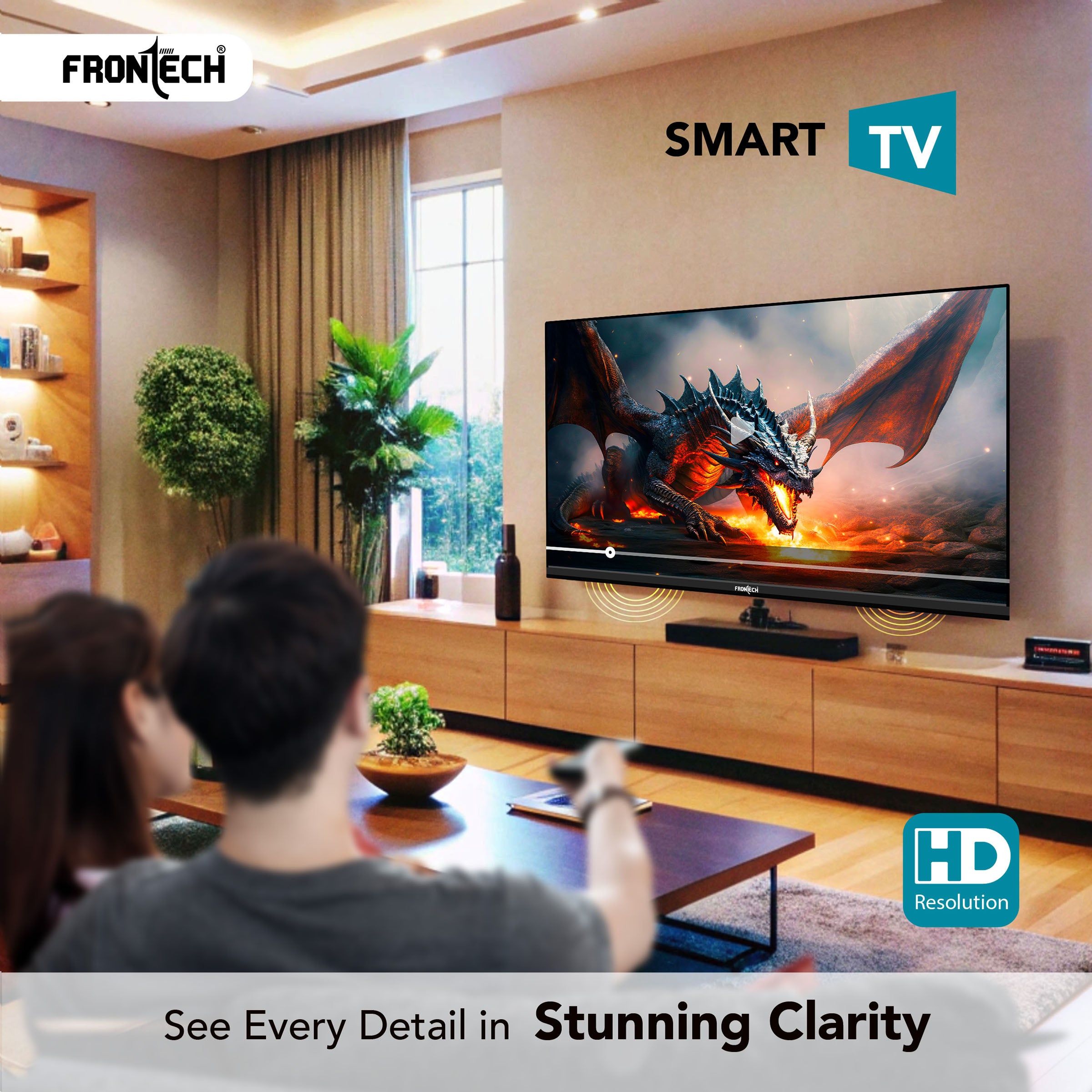 Frontech 32-inch Smart TV: HD, Dynamic Sound, WiFi, Ultra Slim, 512GB/4GB Memory, IR Remote, and Major OTT Access. (No Installation)