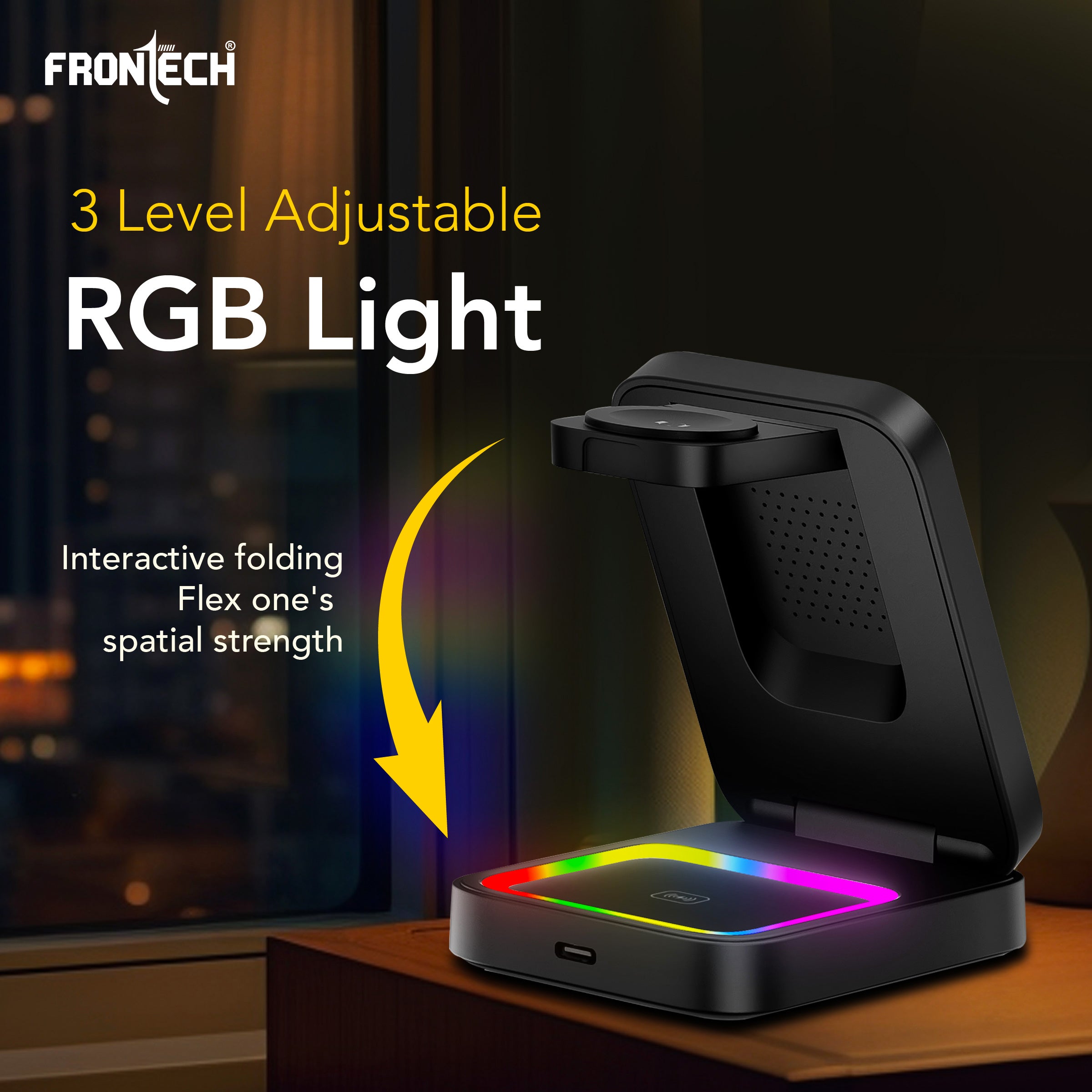 Frontech 3-in-1 Magnetic Wireless Charger with Night Light, Fast Charging, Type-C Input, for iPhone, AirPods & Apple Watch – ABS + Silicone Build, Foldable Stand Design (CCH-0017B)