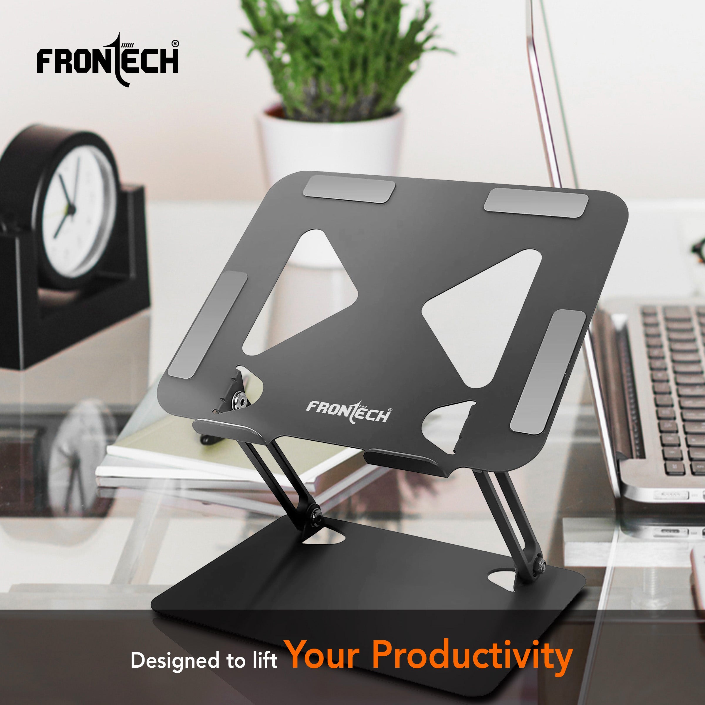 Frontech Laptop Stand – Carbon Steel, Stepless 4°–45° Height Adjustment, Anti-Slip Silicone, Foldable & Portable, Fits Laptops Up to 17