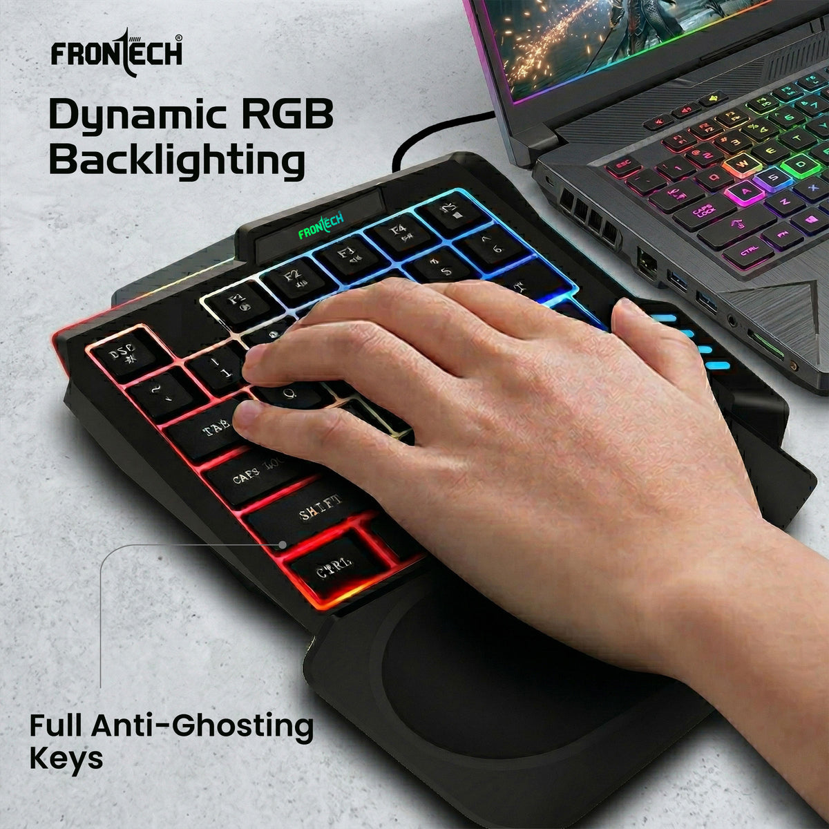 Frontech 4-in-1 Gaming Combo | RGB 35-Key Keyboard + 3200 DPI Mouse + BT 5.4 Converter + Foldable Mobile Holder | Anti-Ghosting | Wired Setup for Android Gaming (KB-0008PC)