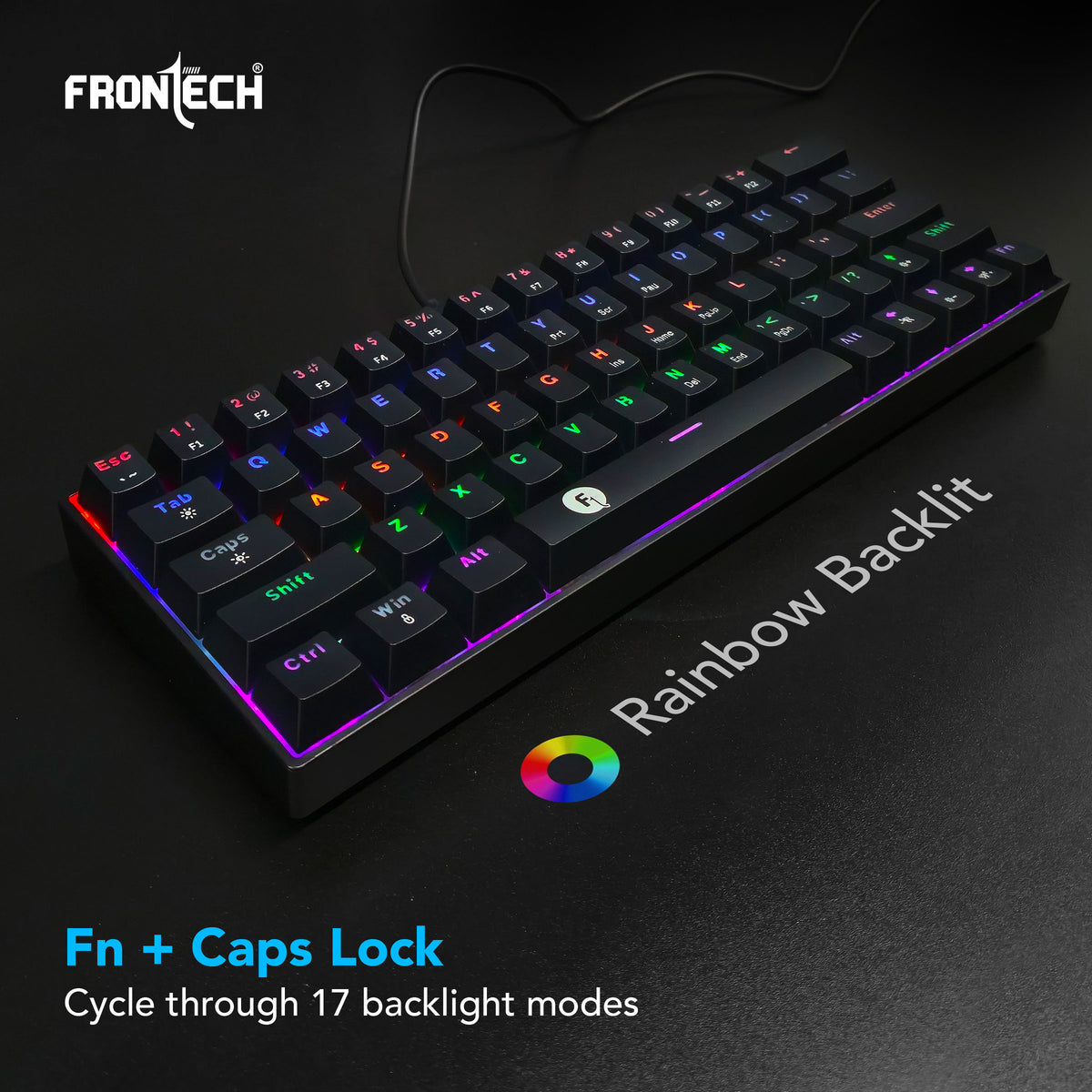 Frontech 63-Key Mechanical Gaming Wired Keyboard | Rainbow Backlit | 26 Anti-Ghosting Keys | Detachable Type-C Cable | Compatible with Windows/Mac/iOS/Android (KB-0010P)