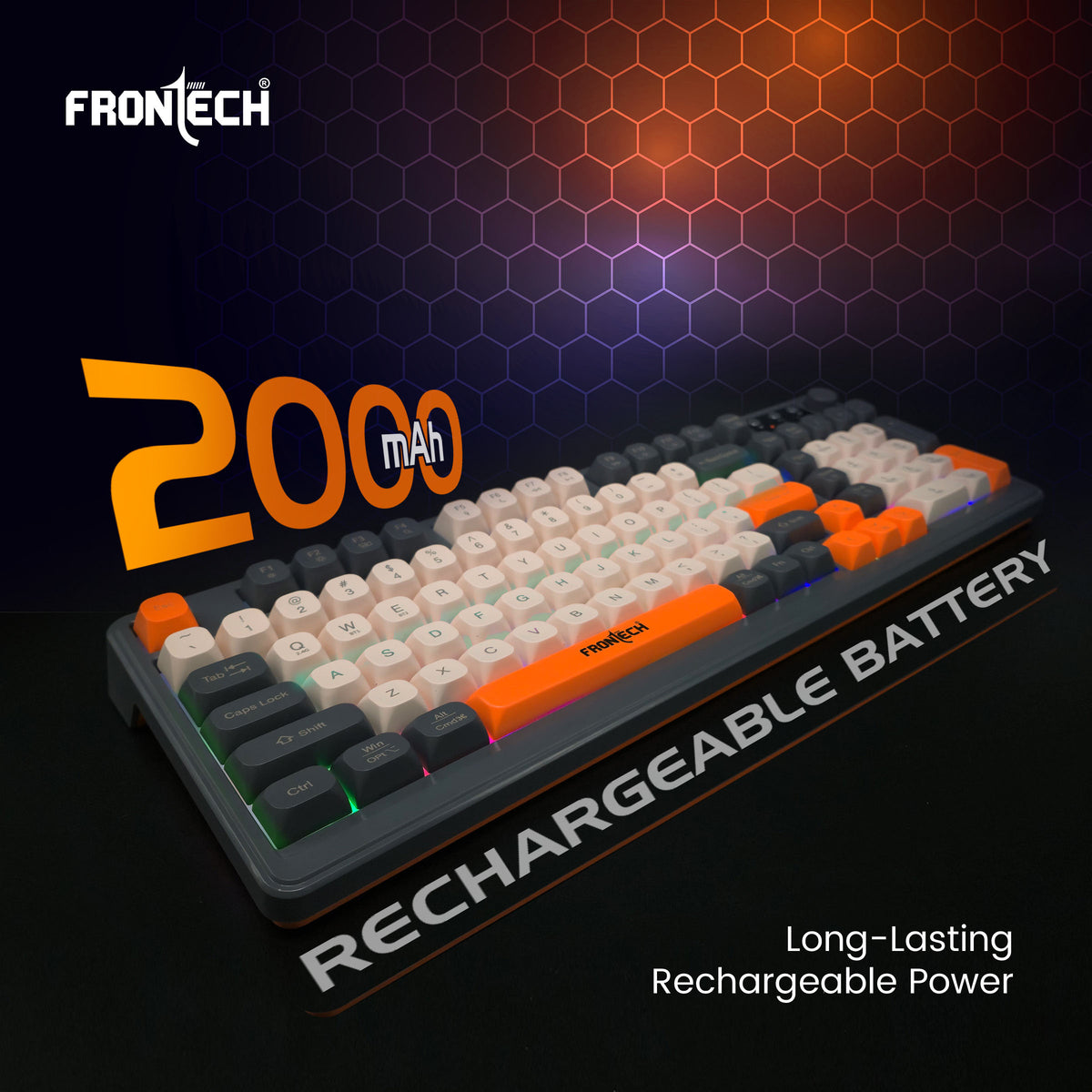 Frontech KB-0026P Wireless Gaming Keyboard | 98 Keys Layout | 19 Anti-Ghosting Keys | Dual Wireless 2.4GHz & Bluetooth 5.1 | Rainbow Backlight | 2000mAh Battery | Audio Control Knob | Type-C Charging | 1 Year Warranty