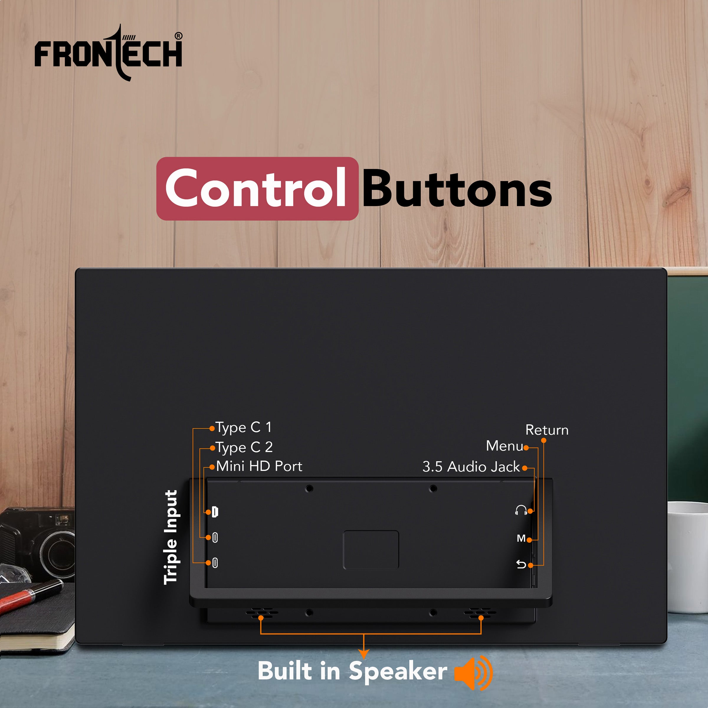 Frontech 15.6 inch Portable LED Monitor|60Hz|1920x1080|Mini HDMI, Type C & Headphone Jack| Built-in Speaker |IPS Panel | 1 Year Warranty