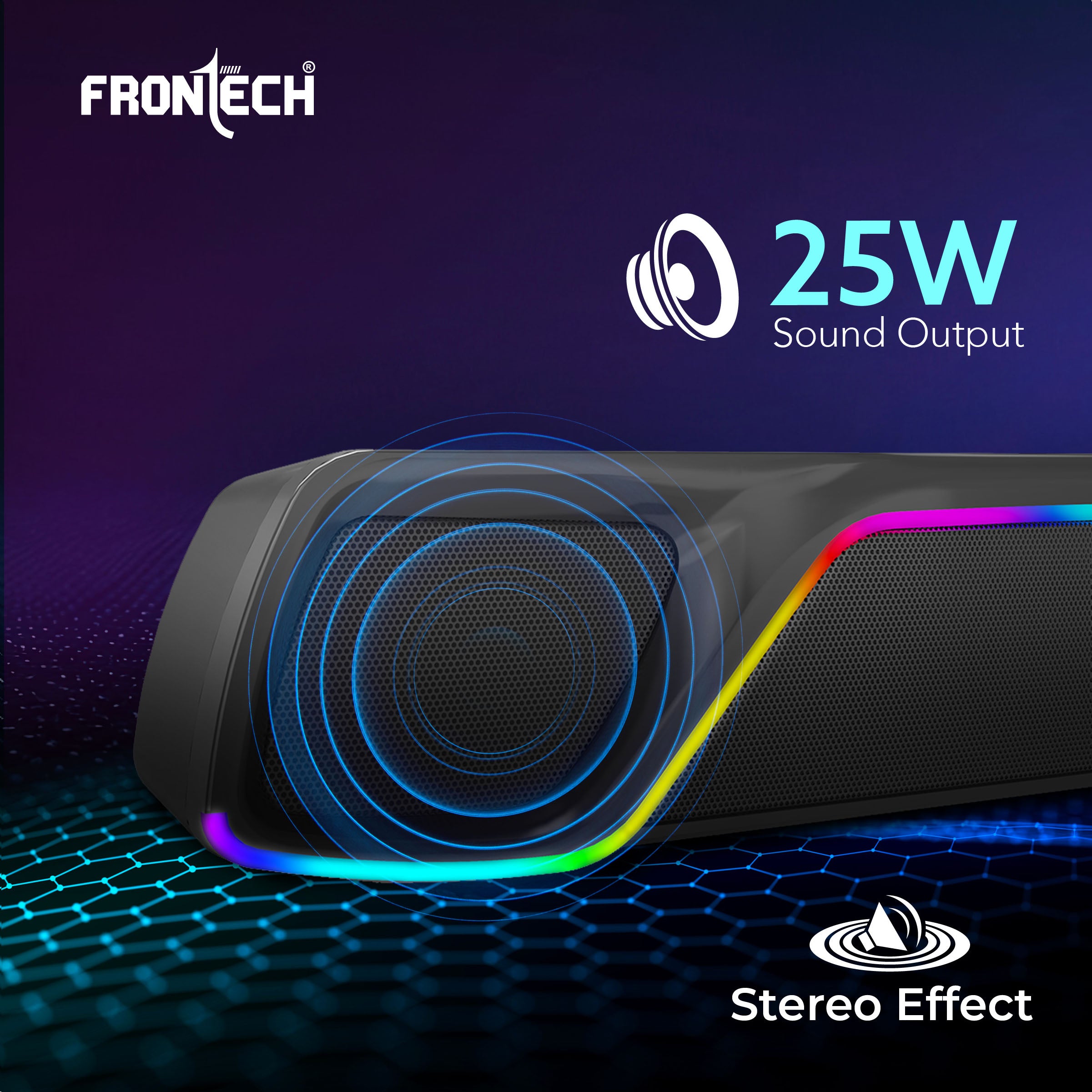 Frontech ECHOLITE-264 Mini Soundbar | 25W Bluetooth Speaker | RGB Lighting | TWS | 2000mAh Battery | BT v5.3 | USB/TF/AUX | Type-C | Compact Speaker | 1-Year Warranty (SW-0264)