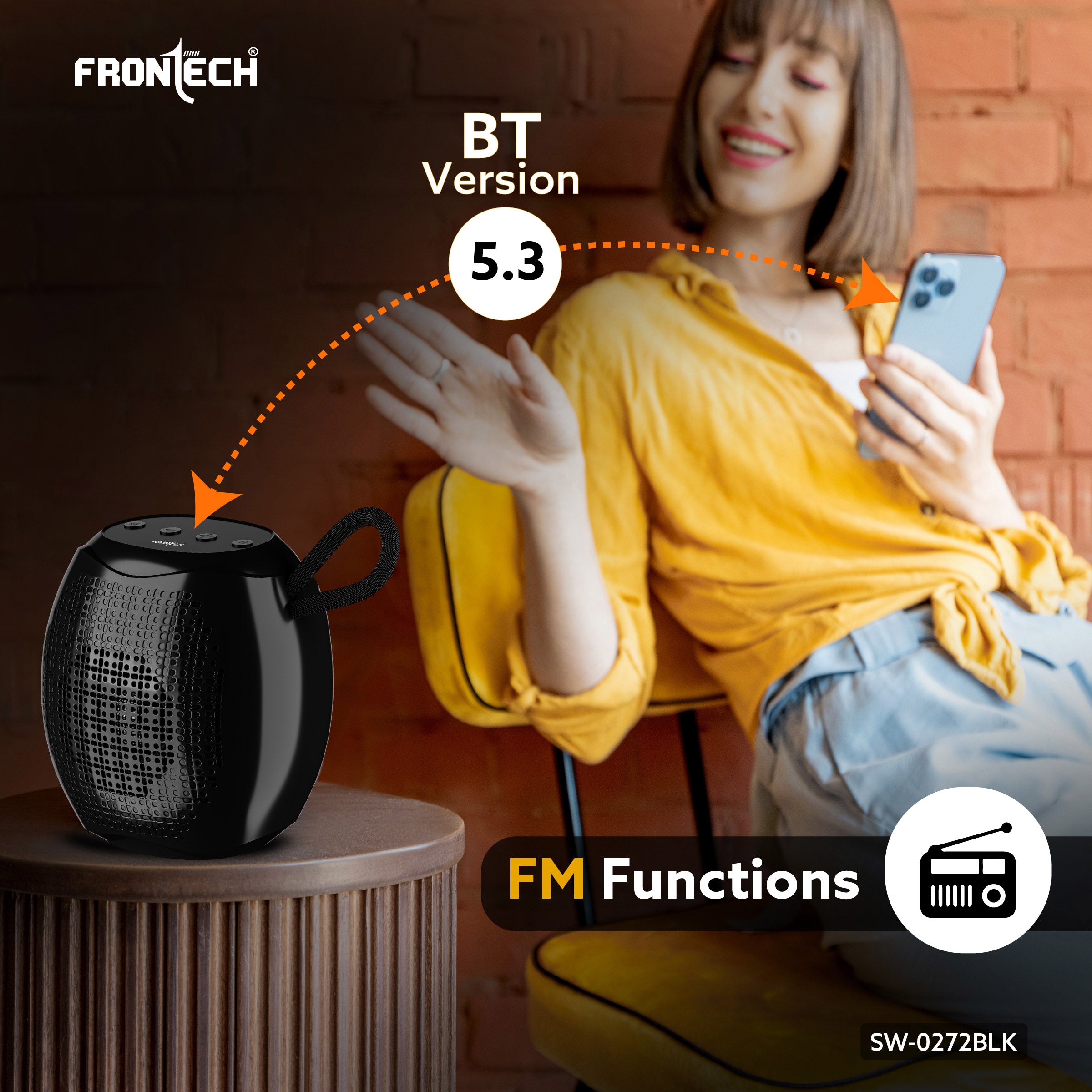 Frontech Portable Multimedia Speaker with Bluetooth 5.3, FM, USB, TF Card Support, 15W Output, and 6 Hours Playback (SW-0272BLK)