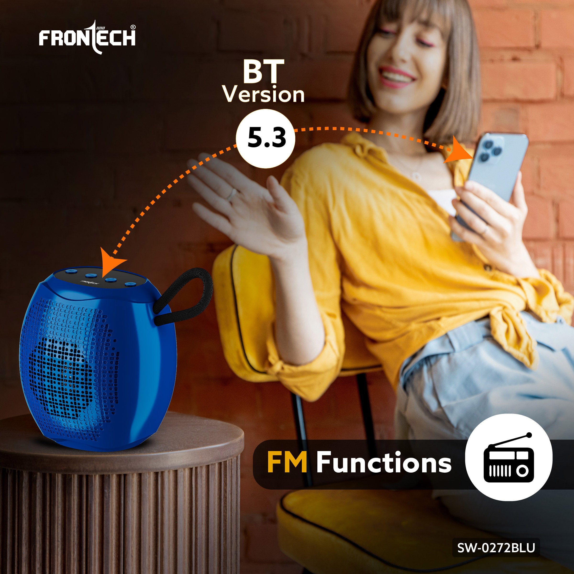 Frontech Portable Multimedia Speaker with Bluetooth 5.3, FM, USB, TF Card Support, 15W Output, and 6 Hours Playback (SW-0272BLU)