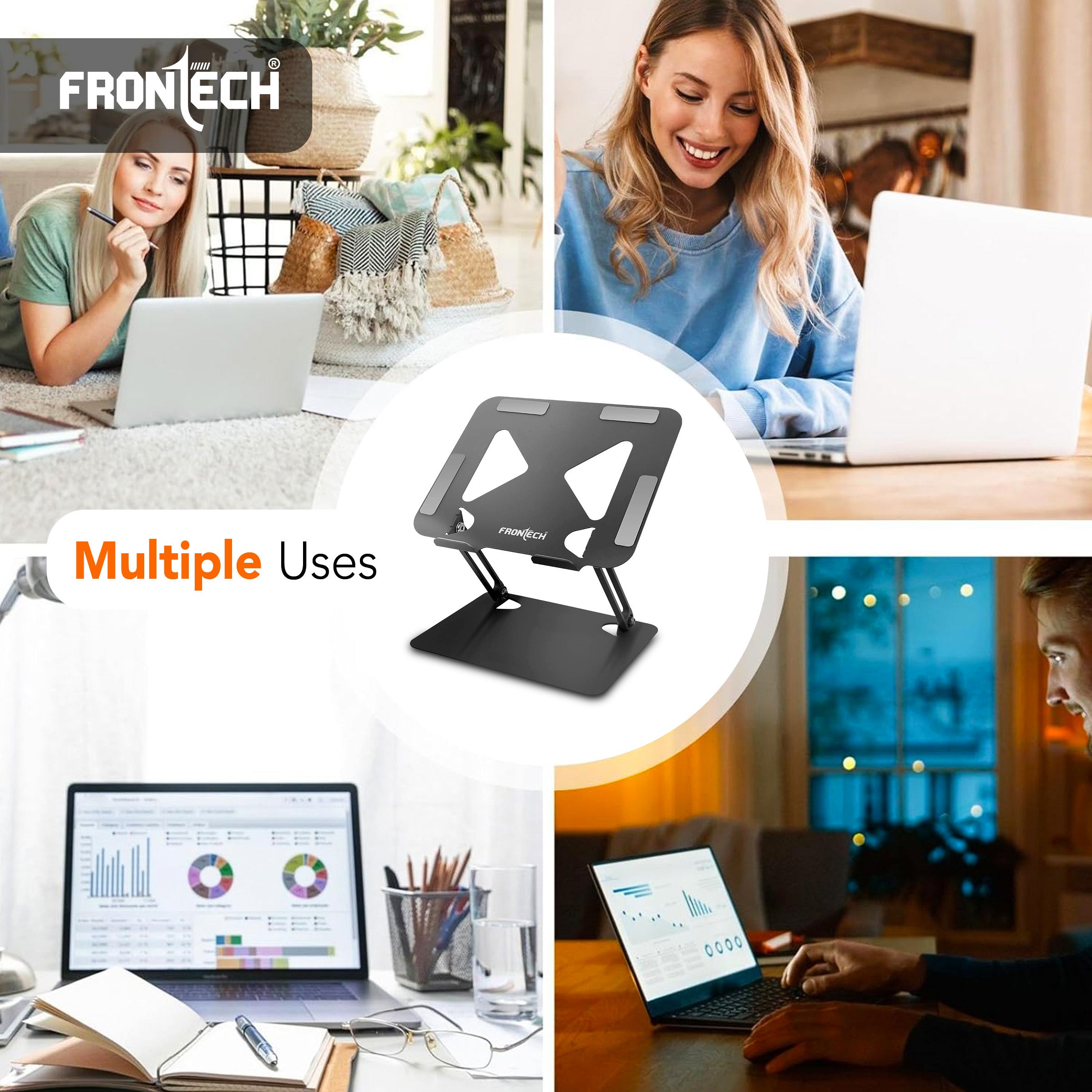 Frontech Laptop Stand – Carbon Steel, Stepless 4°–45° Height Adjustment, Anti-Slip Silicone, Foldable & Portable, Fits Laptops Up to 17