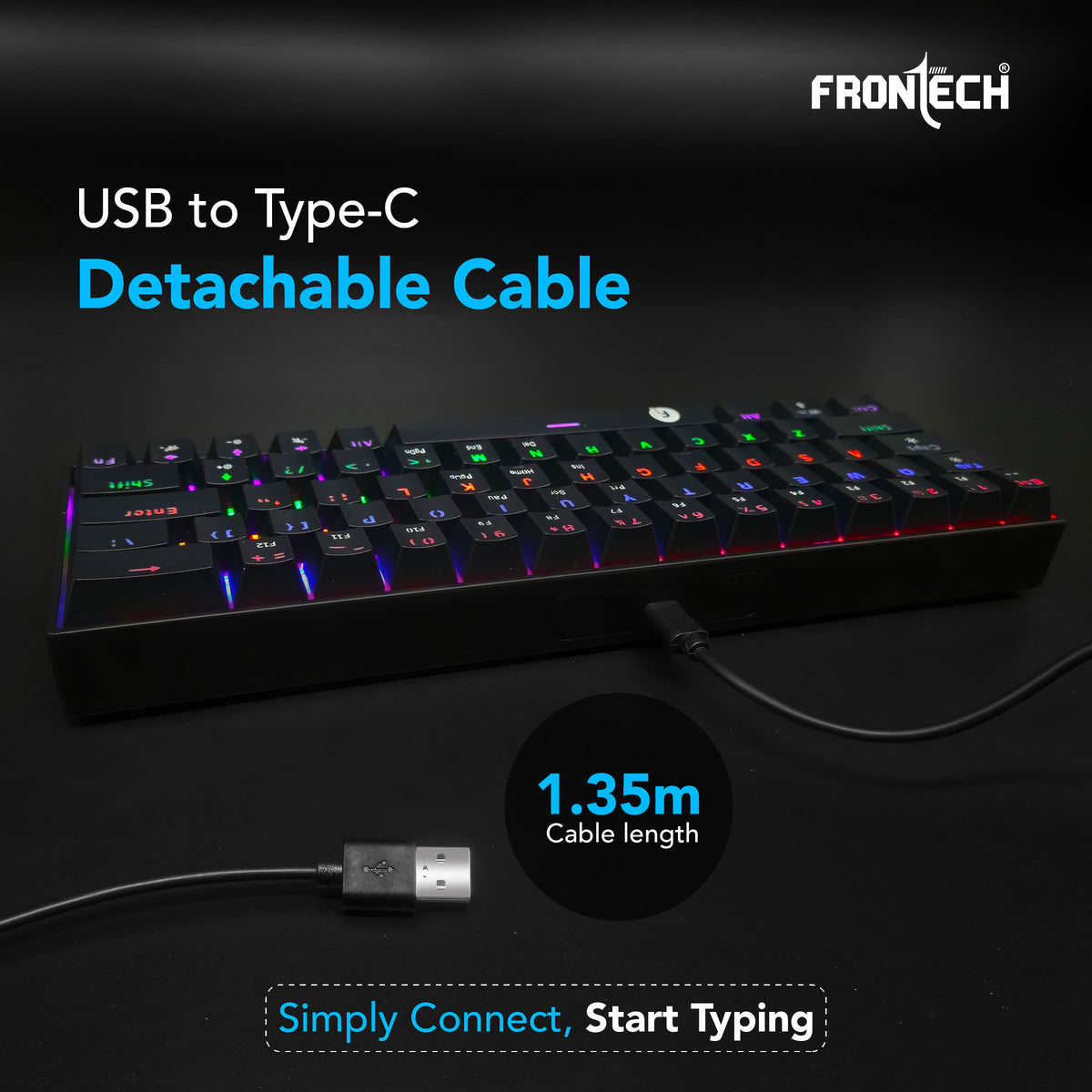 Frontech 63-Key Mechanical Gaming Wired Keyboard | Rainbow Backlit | 26 Anti-Ghosting Keys | Detachable Type-C Cable | Compatible with Windows/Mac/iOS/Android (KB-0010P)