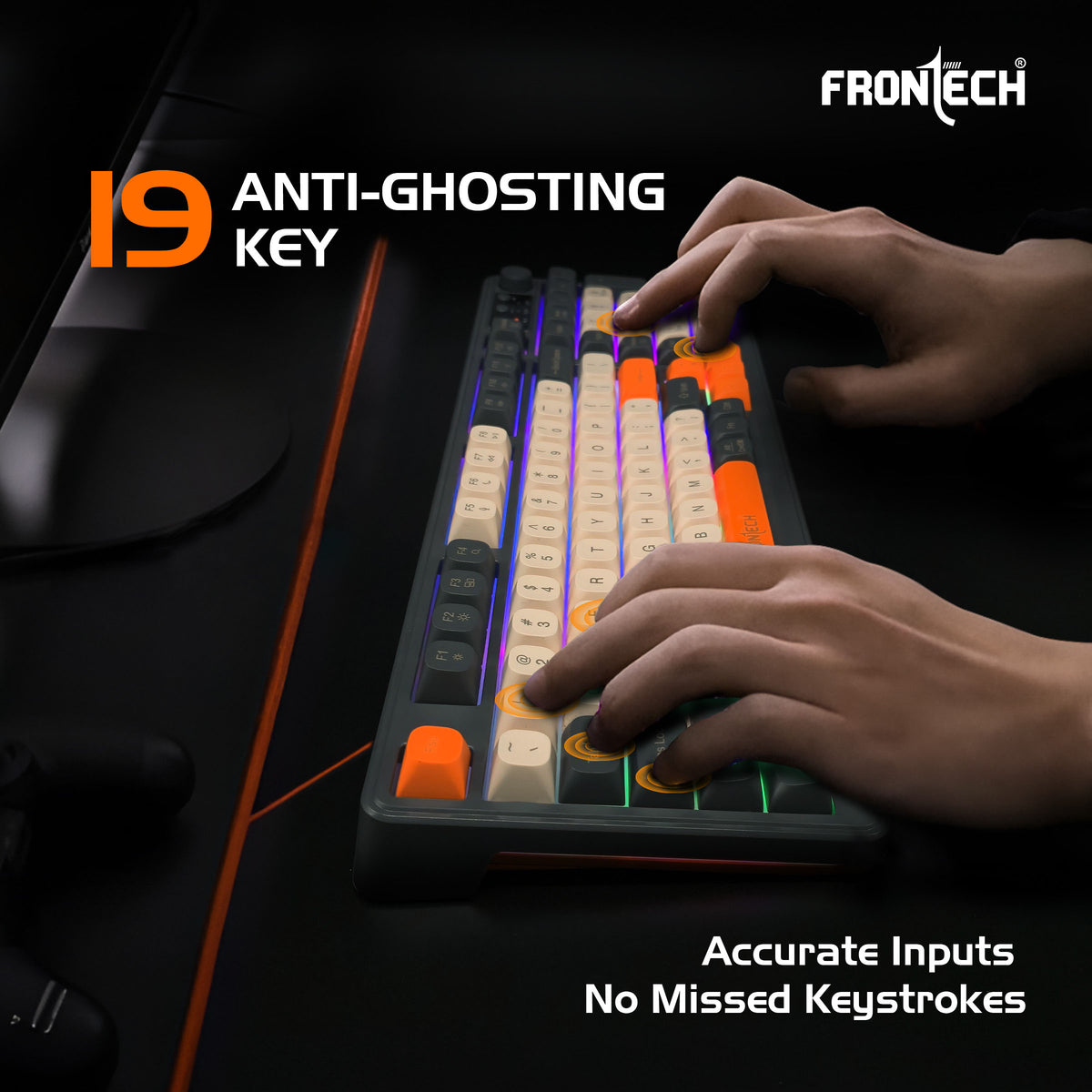 Frontech KB-0026P Wireless Gaming Keyboard | 98 Keys Layout | 19 Anti-Ghosting Keys | Dual Wireless 2.4GHz & Bluetooth 5.1 | Rainbow Backlight | 2000mAh Battery | Audio Control Knob | Type-C Charging | 1 Year Warranty