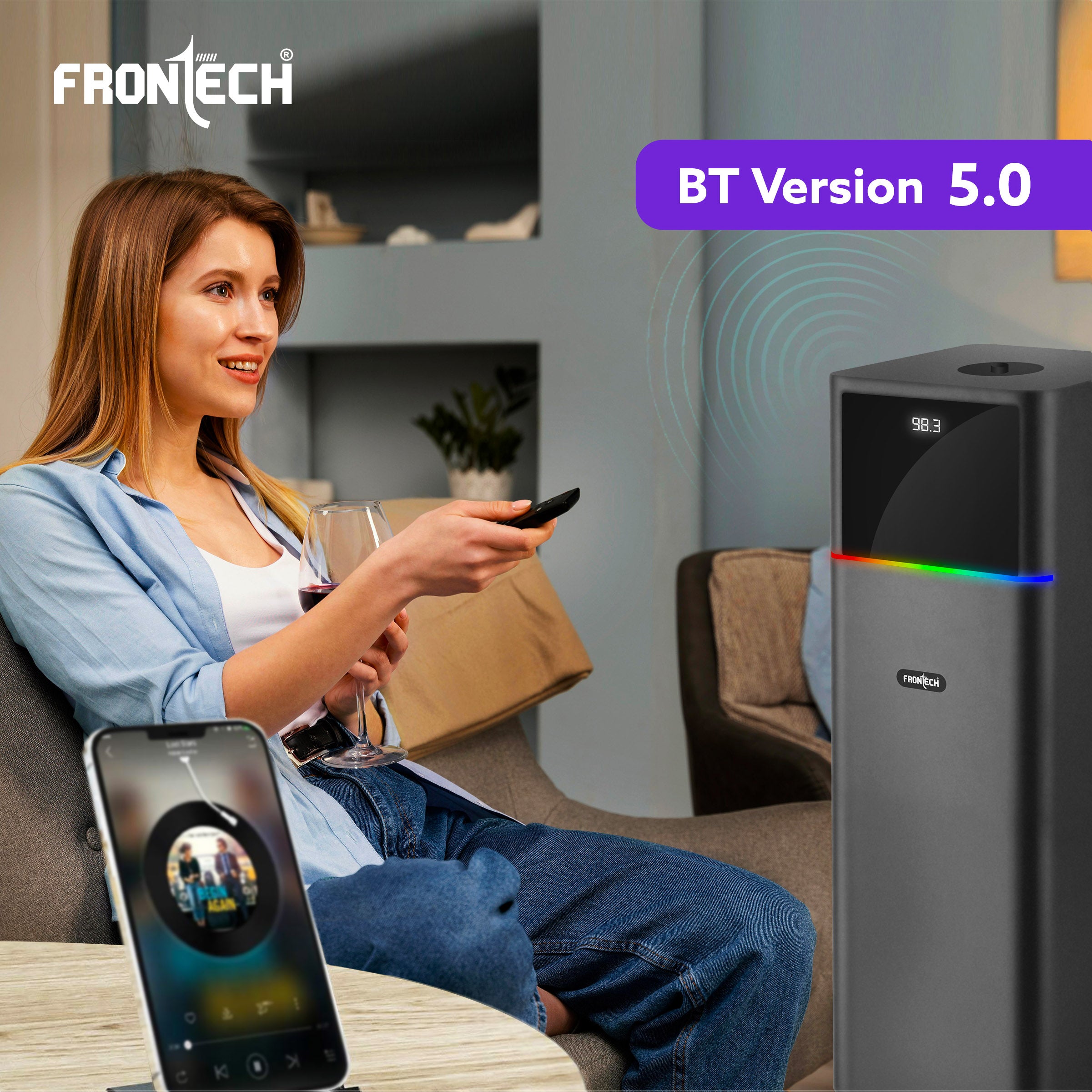 Frontech CRUX-168 Multimedia Tower Speaker | 90W Output | In-Built FM | USB/BT/AUX/MIC Support (SW-0168)