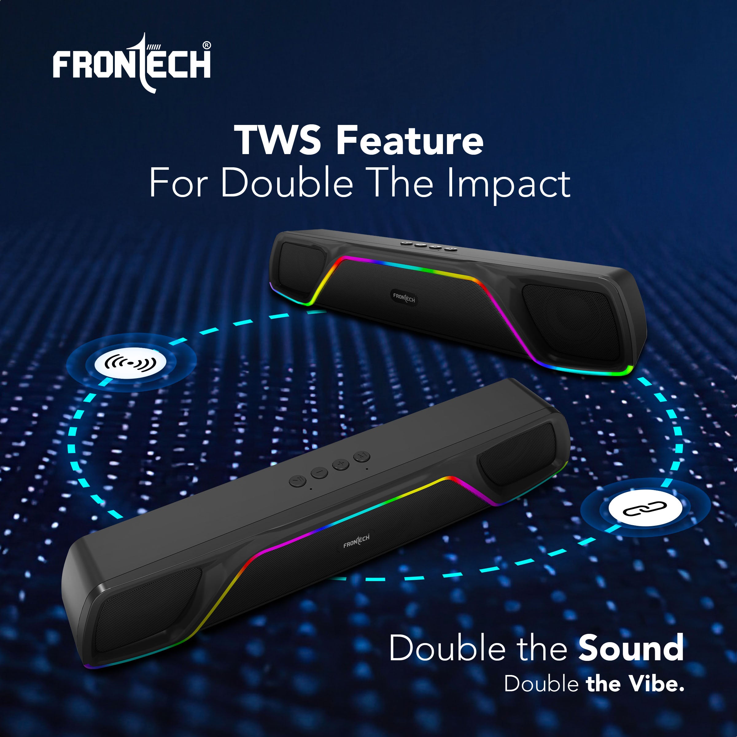Frontech ECHOLITE-264 Mini Soundbar | 25W Bluetooth Speaker | RGB Lighting | TWS | 2000mAh Battery | BT v5.3 | USB/TF/AUX | Type-C | Compact Speaker | 1-Year Warranty (SW-0264)