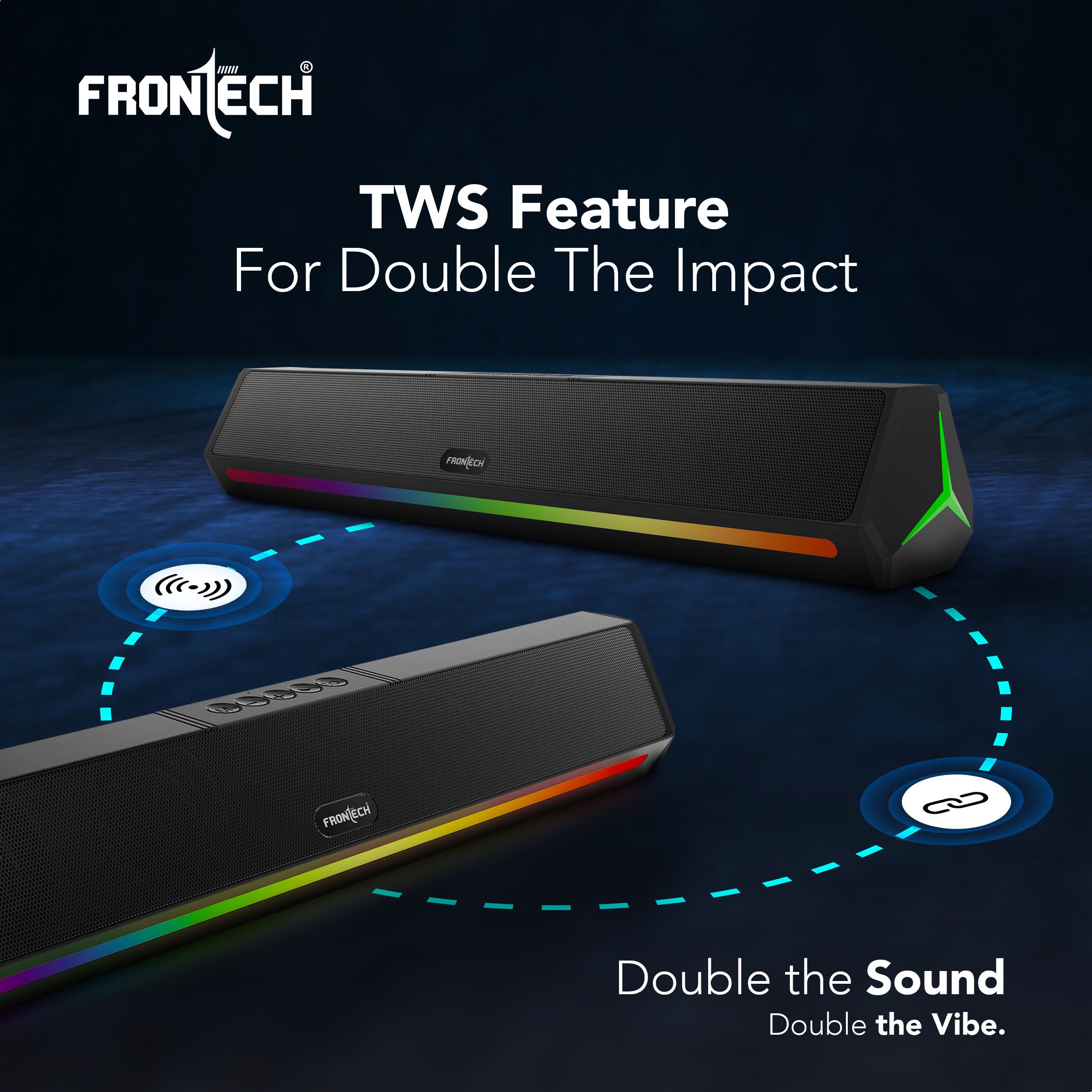 Frontech ECHOLITE-270 Mini Soundbar | 30W Powerful Stereo | RGB Lighting | BT v5.3 | TWS | 2000mAh Battery | 1-Year Warranty (SW-0270)