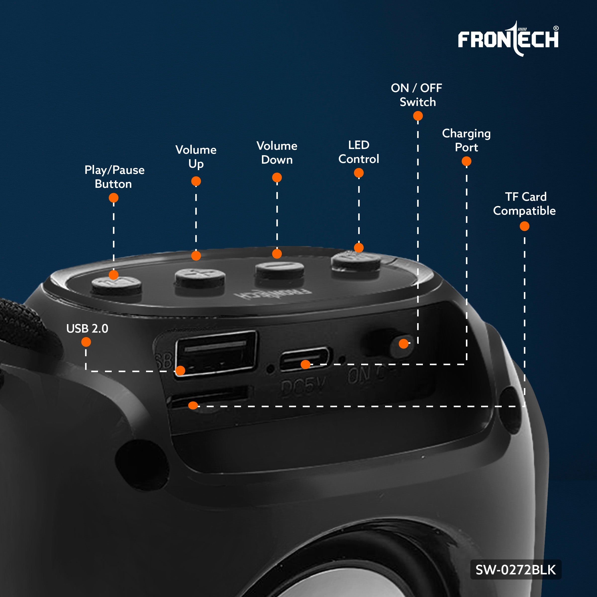 Frontech Portable Multimedia Speaker with Bluetooth 5.3, FM, USB, TF Card Support, 15W Output, and 6 Hours Playback (SW-0272BLK)