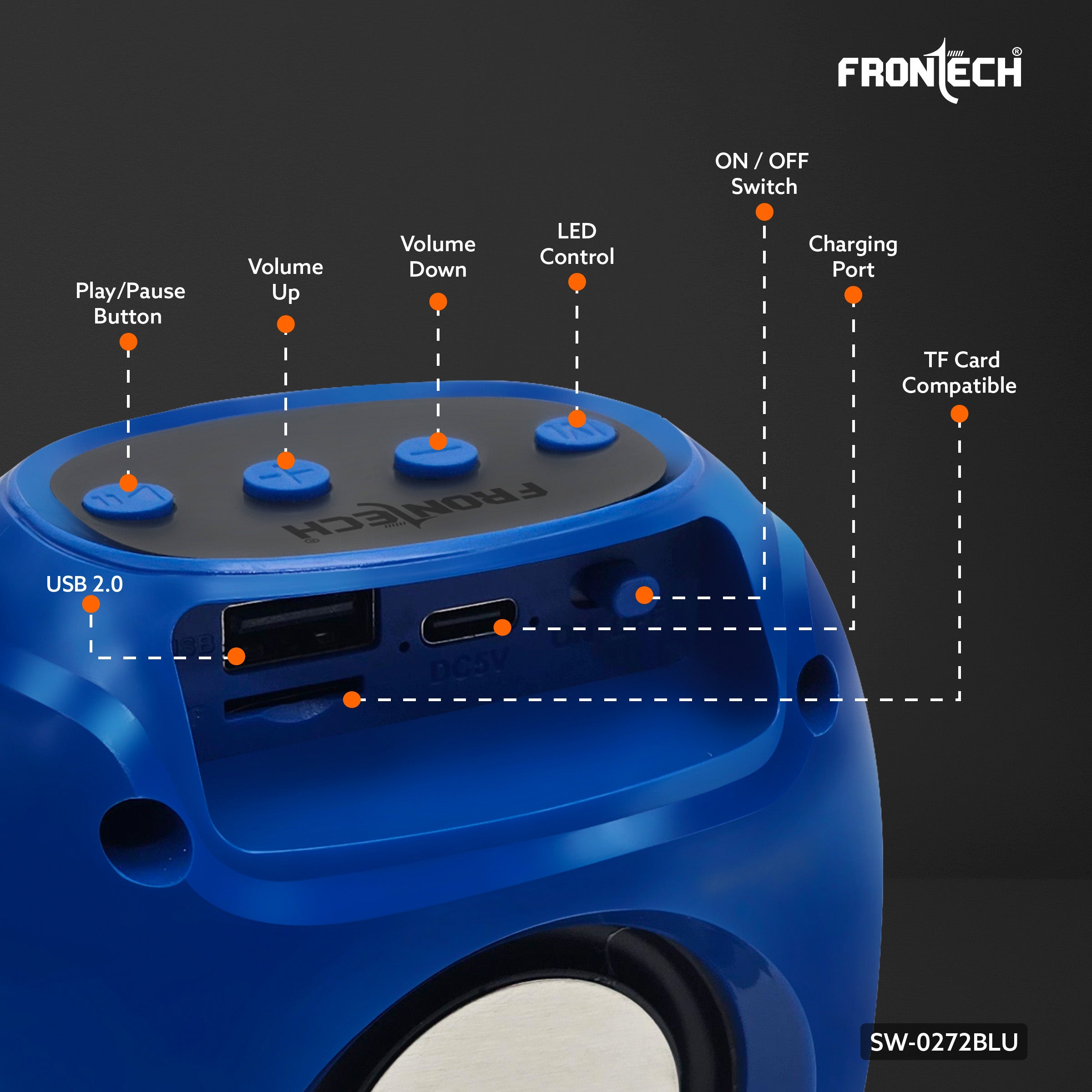 Frontech Portable Multimedia Speaker with Bluetooth 5.3, FM, USB, TF Card Support, 15W Output, and 6 Hours Playback (SW-0272BLU)