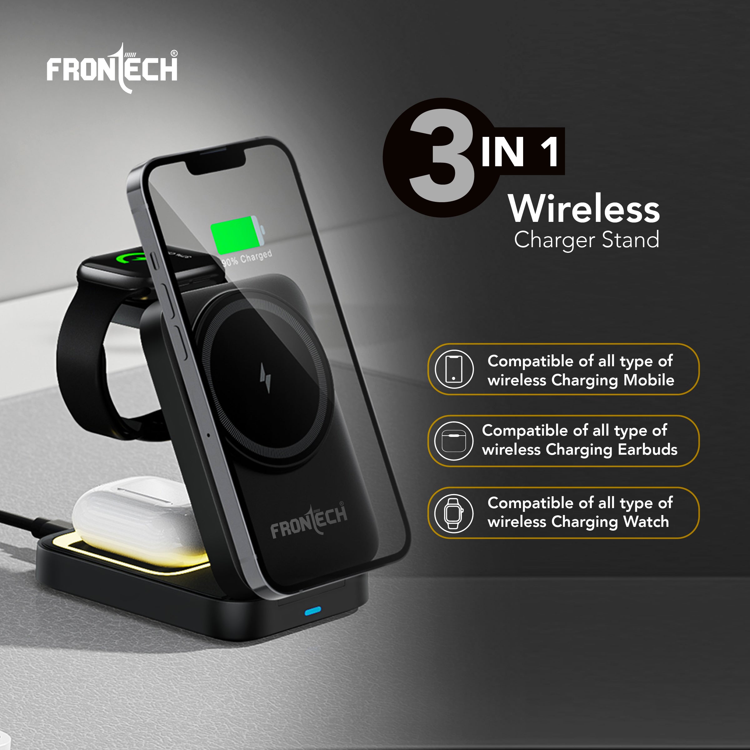 Frontech 3-in-1 Magnetic Wireless Charger with Night Light, Fast Charging, Type-C Input, for iPhone, AirPods & Apple Watch – ABS + Silicone Build, Foldable Stand Design (CCH-0017B)